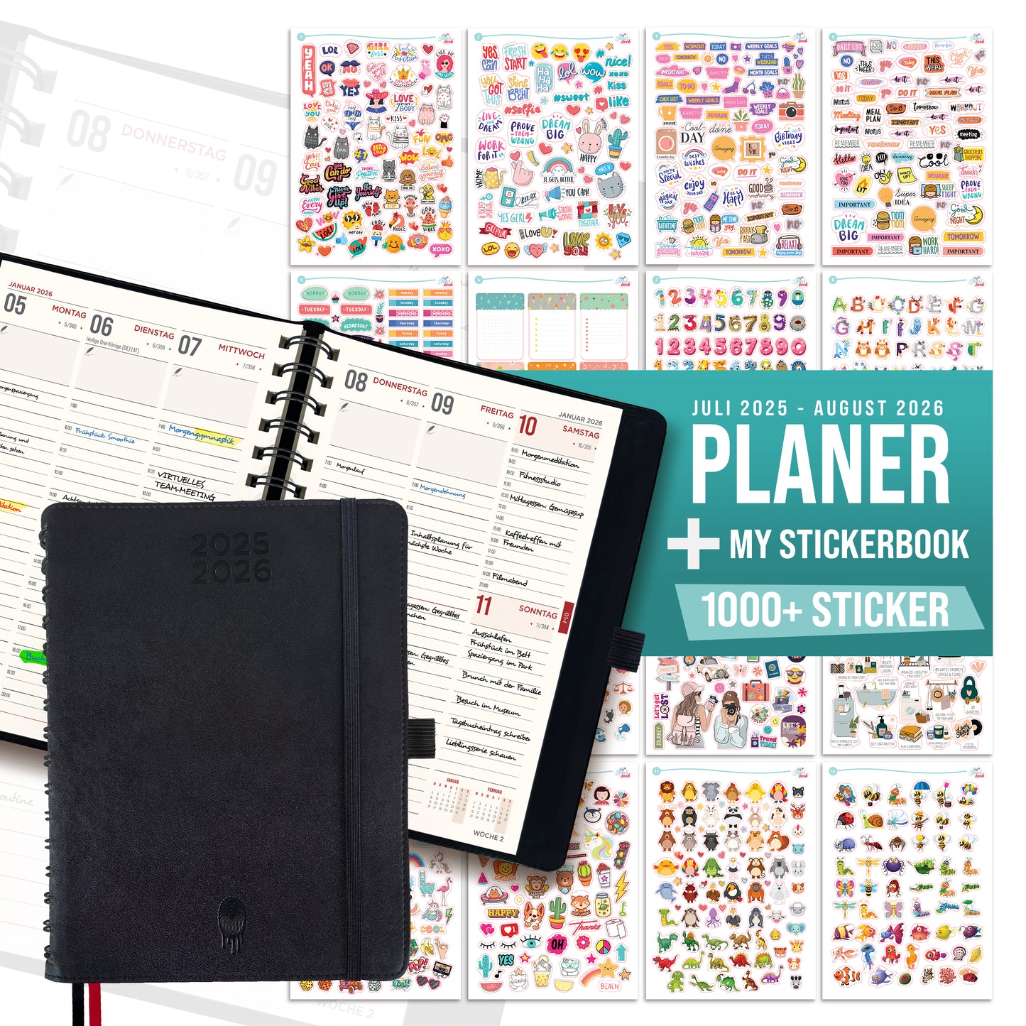 colortouch Taschenkalender 2025 2026 mit 1000 St Sticker Set für Planer, Aufkleber Journal für A5 Monatsplaner, 30 Minuten-Intervalle Wochenplaner mit Softcover, 14 Monate Kalender (Juli 25-Aug 26)