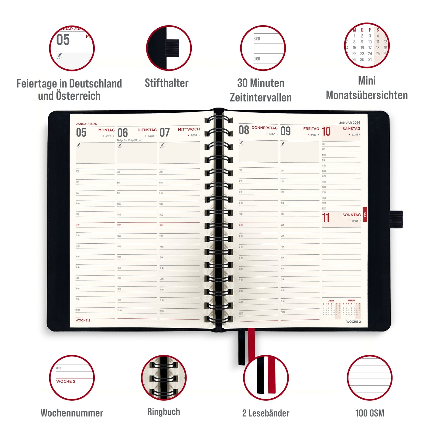colortouch Taschenkalender 2025 2026 mit 1000 St Sticker Set für Planer, Aufkleber Journal für A5 Monatsplaner, 30 Minuten-Intervalle Wochenplaner mit Softcover, 14 Monate Kalender (Juli 25-Aug 26)