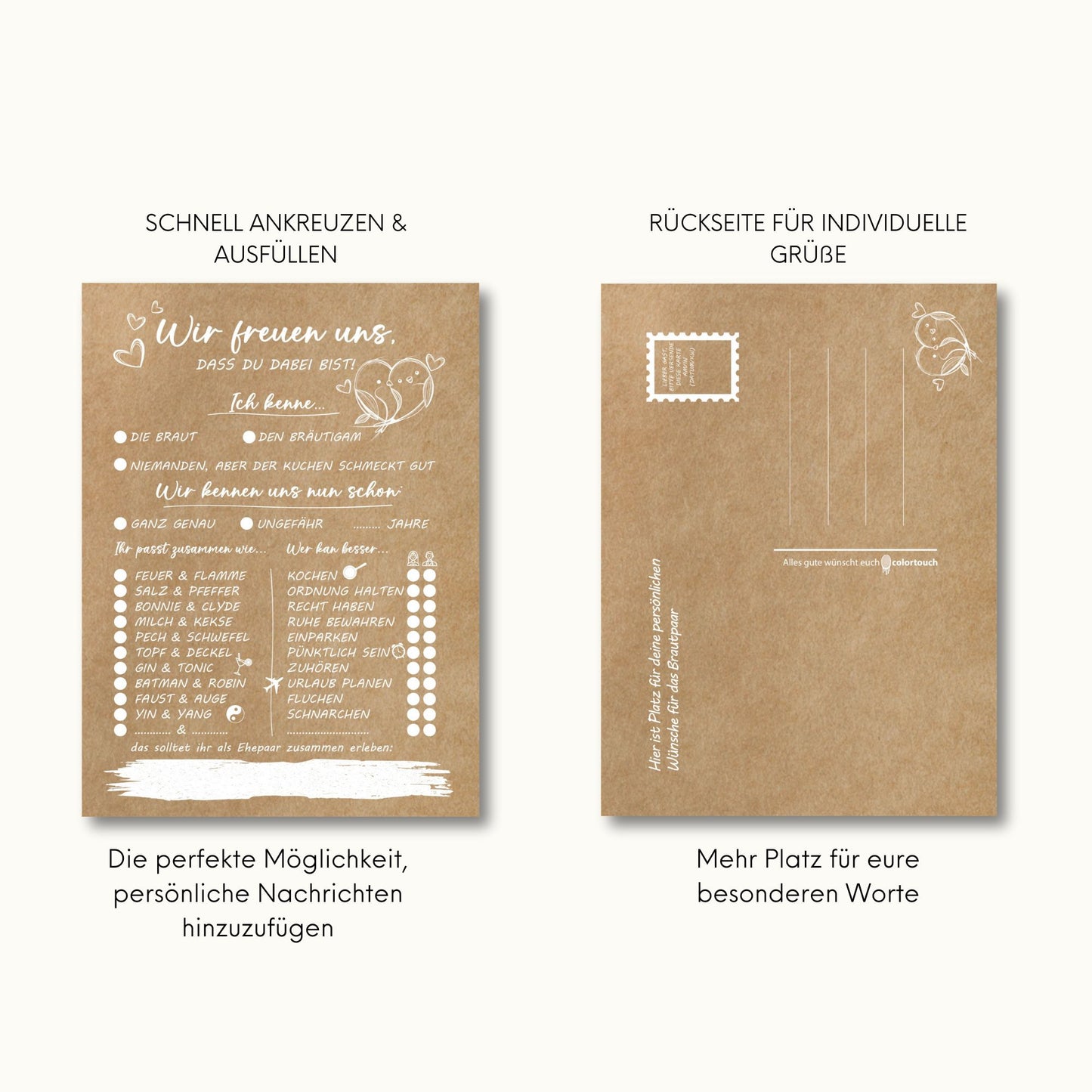 colortouch wedding game with 70 photo tasks, 50 wedding quizzes, 52 postcards with questions, photo tasks for wedding photos, kraft-optic wedding decoration, wedding gift alternative to the guest book