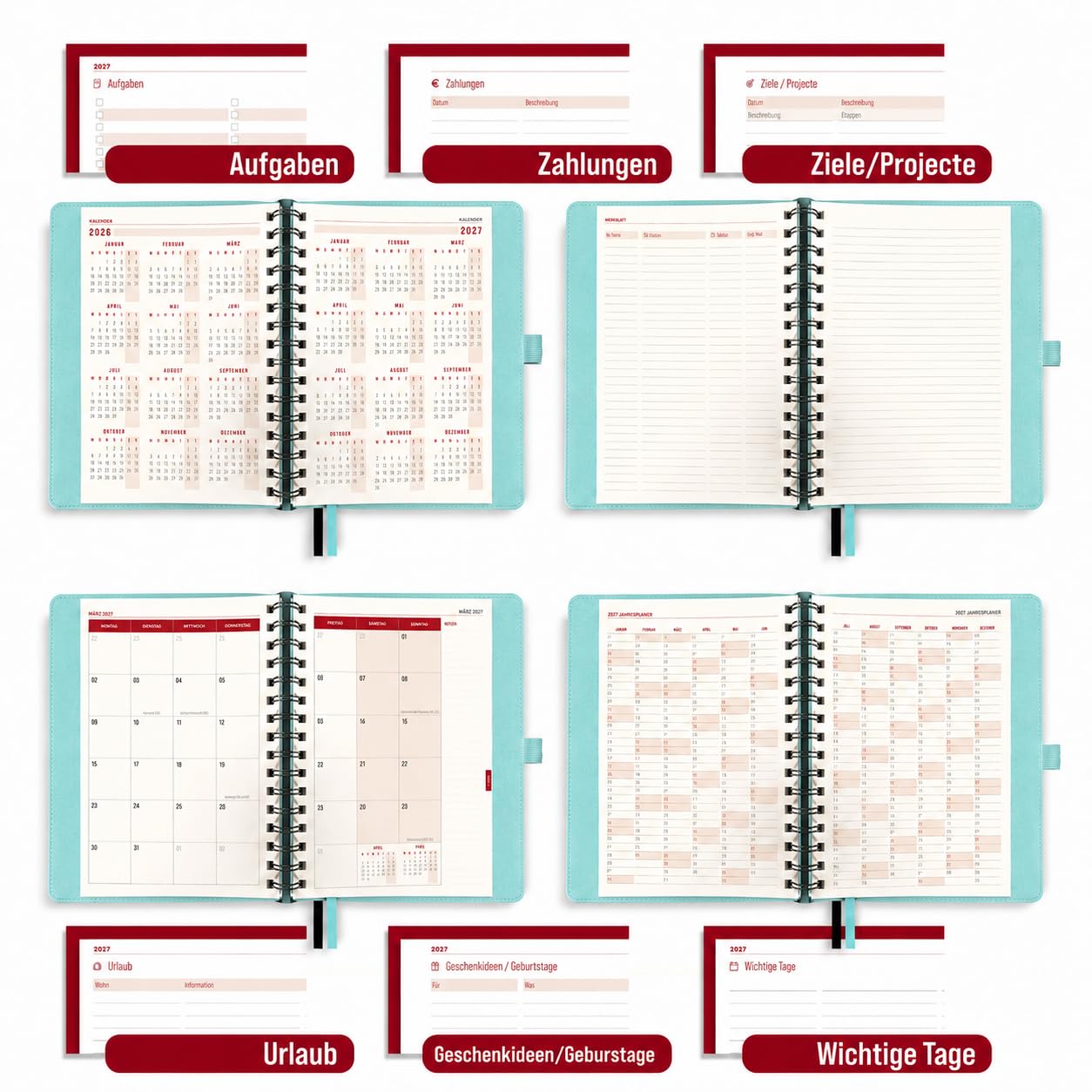 colortouch Terminplaner 2027, Kalender A5, Wochenplaner mit Softcover, Terminkalender Ringbuch, 30 Minuten-Intervalle Planer mit 2 Blatt Aukfleber auf Deutsch, Buchkalender 14 Monate (Nov 26-Dez 27)