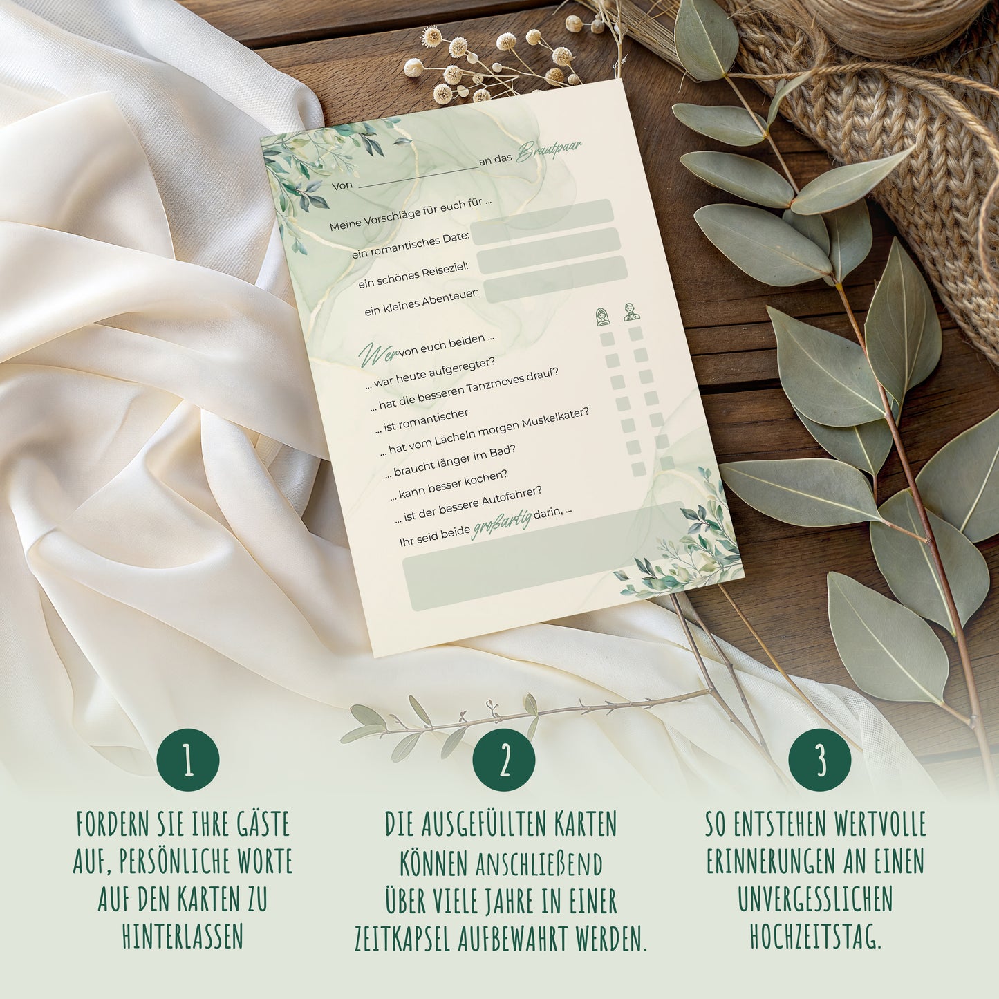 colortouch 50 Gästekarten Hochzeit zum ausfüllen, Wunderschöne Gästebuchkarten als Alternative zum Gästebuch für die Hochzeitkarten, Hochzeitsgeschenk/Hochzeitsspiel, individuelle Gästebuch-Karten