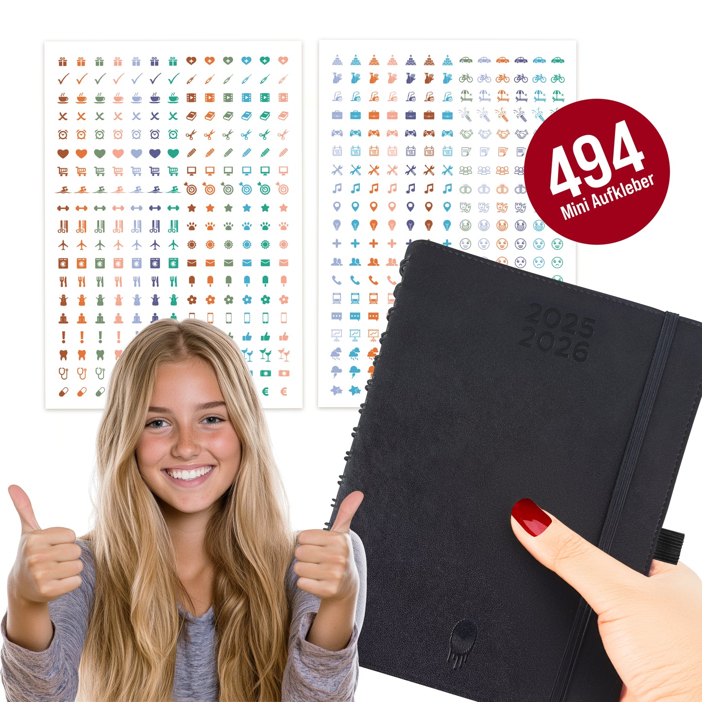 colortouch Taschenkalender 2025 2026 mit 1000 St Sticker Set für Planer, Aufkleber Journal für A5 Monatsplaner, 30 Minuten-Intervalle Wochenplaner mit Softcover, 14 Monate Kalender (Juli 25-Aug 26)