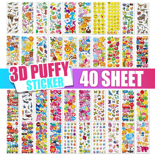 colortouch 3D Stickers for Kids, 40 Sheets Various 3D Puffy Stickers, Children's Stickers for Teachers, Boys, Girls, Toddlers, Including Numbers, Letters, Animals, Dinosaurs, Cars etc.