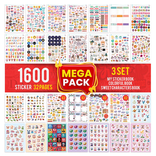 colortouch Mega Pack Sticker Set, 1600 pieces stickers, sticker photo album, scrapbook accessories, bullet journal stickers for children, girls, adults, sticker album, vintage, travel