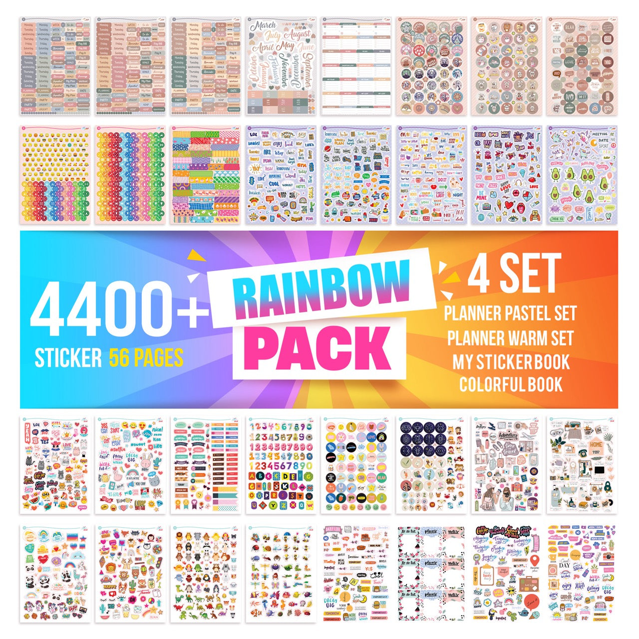 colortouch Planner Stickers Set - 4400+ pieces, 56 sheets of stickers for monthly planner - scrapbook stickers photo album for calendar, planner, organizer, agenda, journal, notebook, bullet journal - seasonal