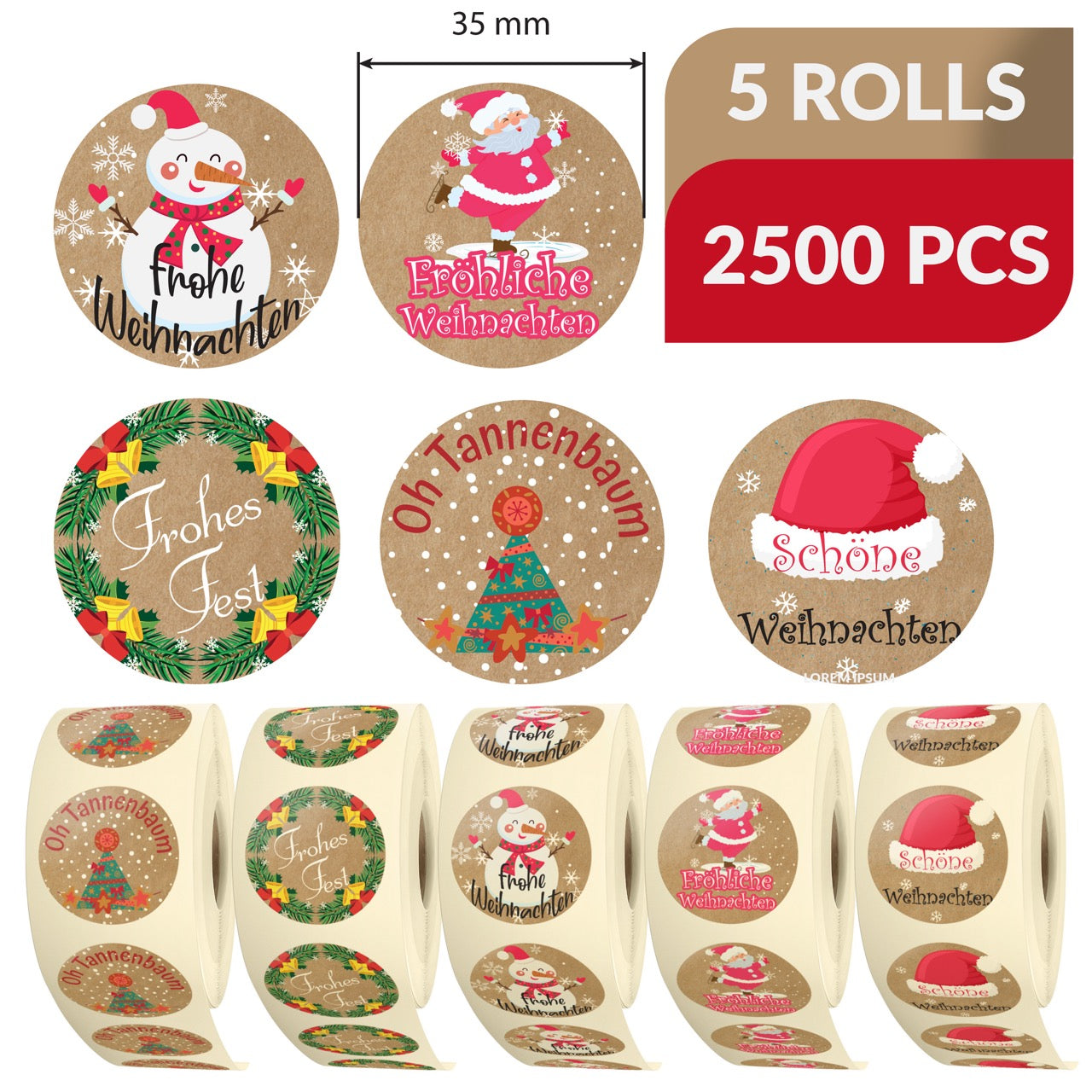 2500 St Weihnachtsaufkleber - 35 mm Rund