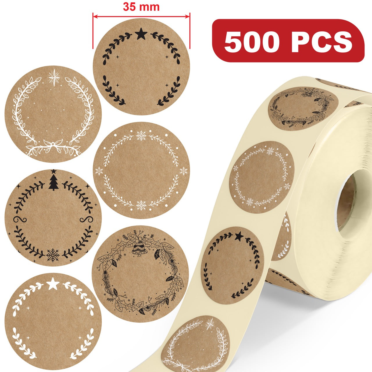 Weihnachten Aufkleber zum Beschriften - 500 St Kraftpapier Optik - 35 mm Rolle
