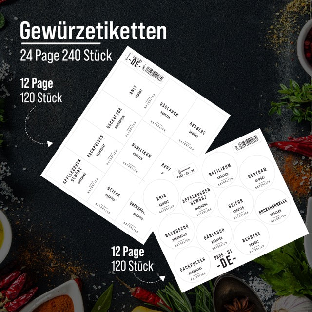 240 St.-Gewürzetiketten Weiß-Rechteckig und Rund