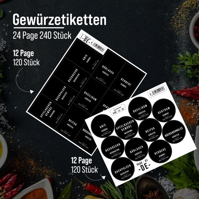 240 St.-Gewürzetiketten Schwarz-Rechteckig und Rund