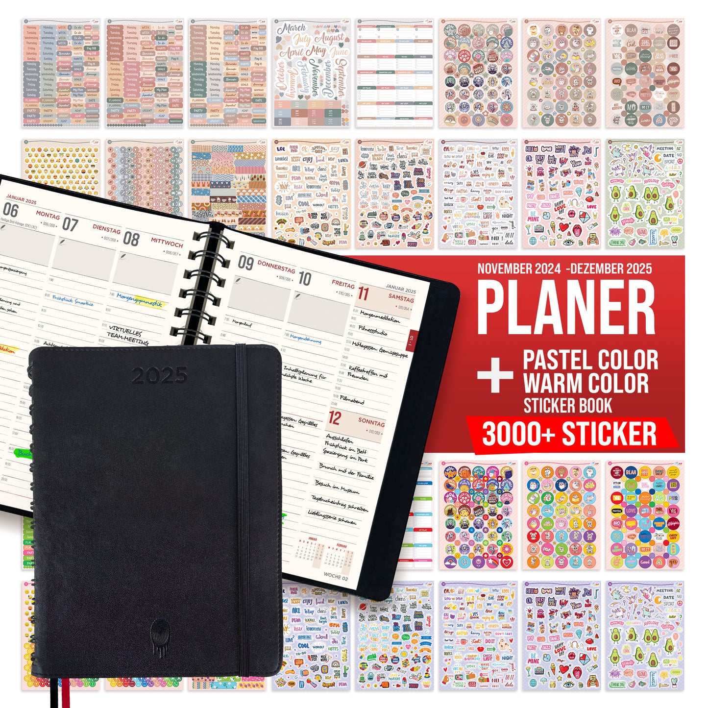 colortouch book calendar 2025 with 3000+ pcs planner sticker set, scrapbook stickers accessories for A5 and 30 minute intervals calendar ring binder, planner, organizer, agenda with soft cover (14 months)