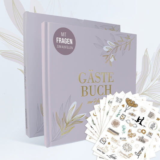 colortouch Gästebuch Hochzeit mit Fragen 104 Seiten zum Ausfüllen, Aufkleber Hochzeit, Hochzeitsbuch mit Hardcover für schöne Erinnerungen, Sticker Gästebuch (325 Motive), Vintage Herz Hochzeitsdeko