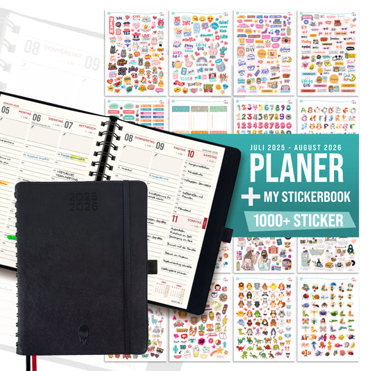 colortouch Taschenkalender 2025 2026 mit 1000 St Sticker Set für Planer, Aufkleber Journal für A5 Monatsplaner, 30 Minuten-Intervalle Wochenplaner mit Softcover, 14 Monate Kalender (Juli 25-Aug 26)