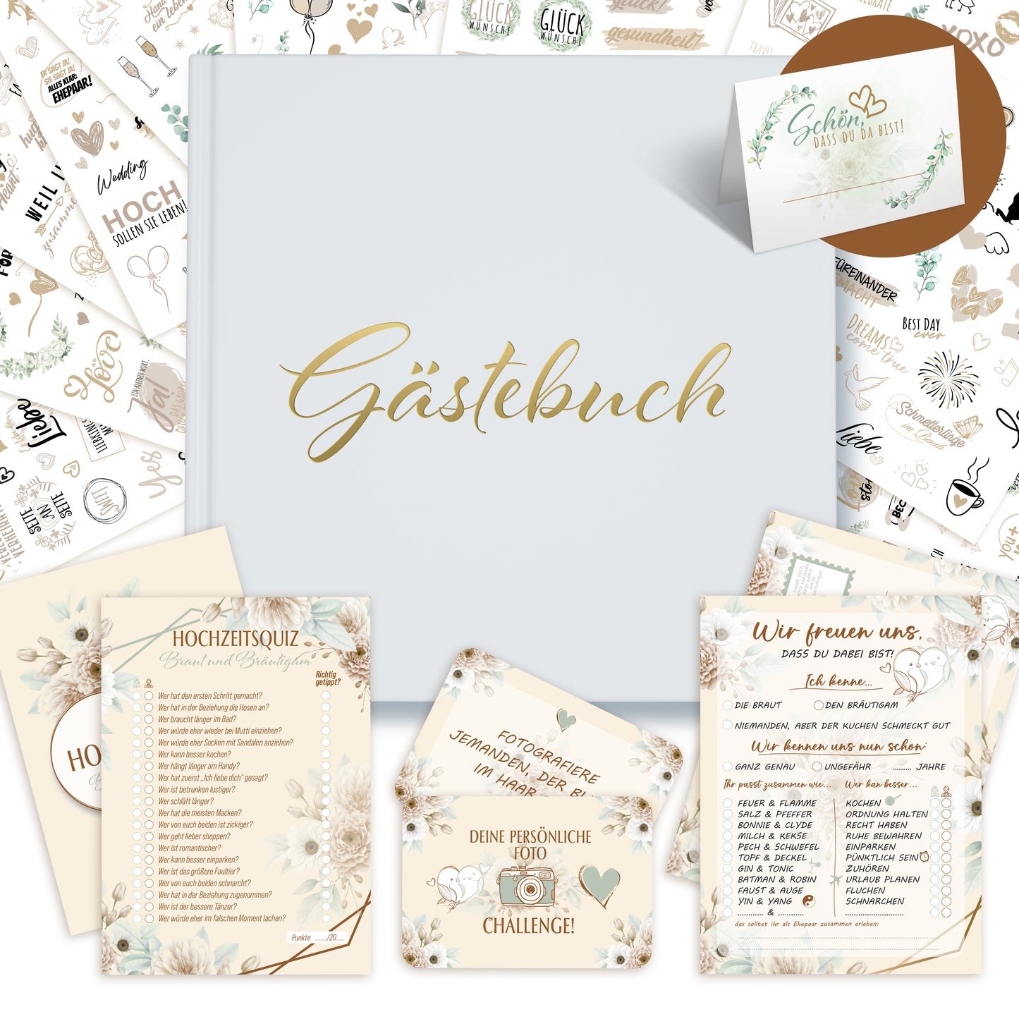 colortouch wedding guest book 100 blank pages with stickers, wedding game with 70 tasks, 50 wedding quizzes, 52 postcards with questions to fill out, 10 sheets of wedding stickers, 50 place cards