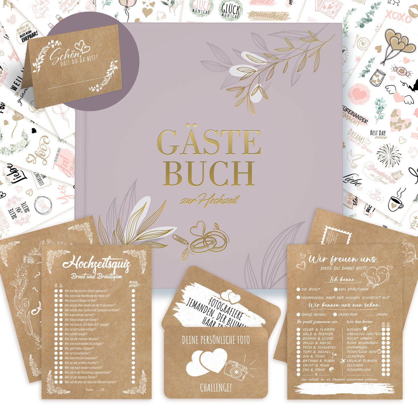 colortouch wedding guest book with questions 104 pages to fill out, wedding stickers, wedding game with 70 photo tasks, 50 wedding quizzes, 52 postcards 10 sheets of wedding stickers, 50 place cards