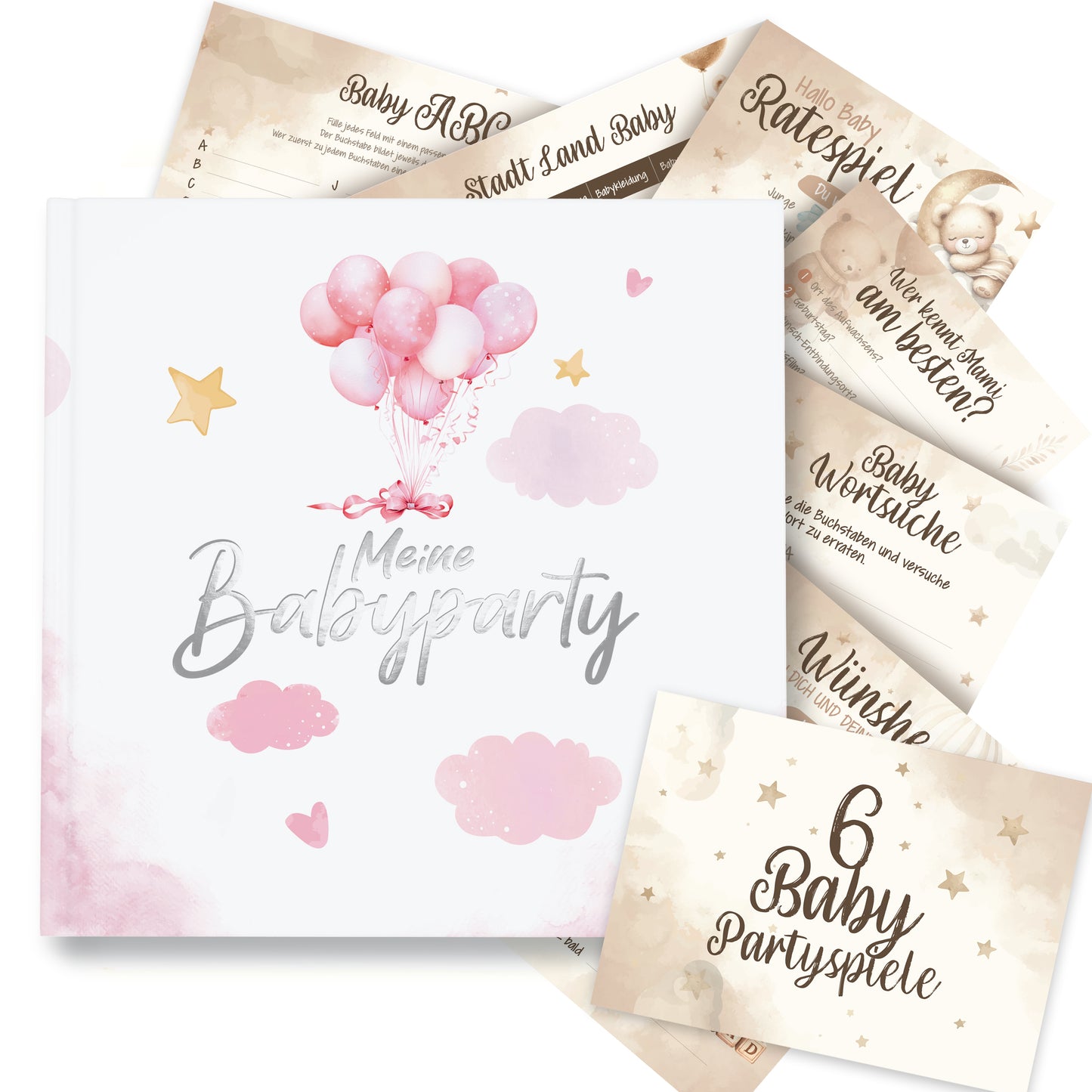 colortouch Gästebuch Babyparty mit Babyshower Spiele 50 Karten, 6 witzige Ratespiel Set für Babyparty zum Ausfüllen, Baby Shower Schwangerschaft Premium Geschenk für Junge & Mädchen, Gender Reveal