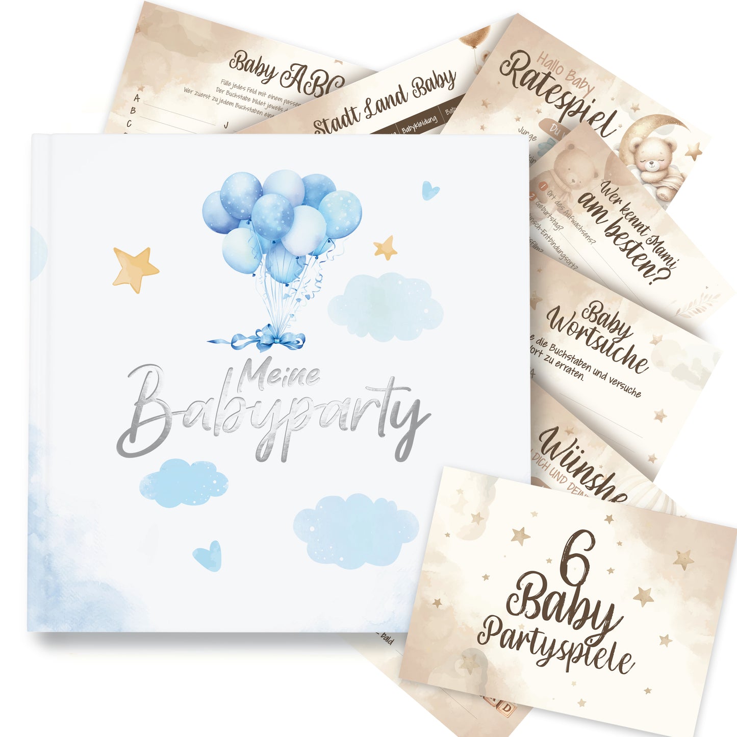 colortouch Gästebuch Babyparty mit Babyshower Spiele 50 Karten, 6 witzige Ratespiel Set für Babyparty zum Ausfüllen, Baby Shower Partyspiele Geschenk Junge & Mädchen, Fotoalbum zum selbstgestalten