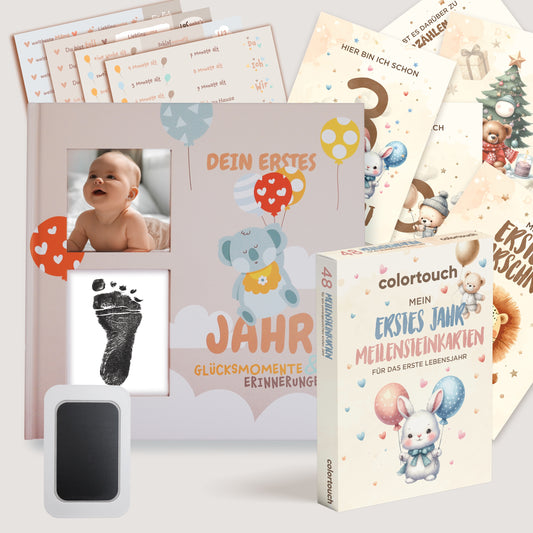 colortouch Babyalbum "Dein erstes Lebensjahr" mit Abdruckset + Aufkleber + Meilensteinkarte Baby 48 Monatskarten, Babytagebuch ab 0 Monate, Baby Fotoalbum zum Selbstgestalten, Babybuch zum Ausfüllen