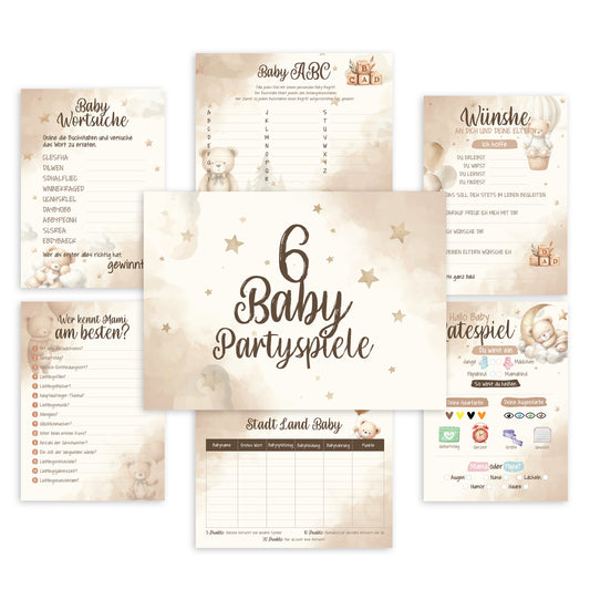 colortouch Babyshower Spiele 50 Karten, 6 witzige Ratespiel Set für Babyparty zum Ausfüllen (10 Stück), Partyspiele Babyshower für Mädchen und Junge, Babyparty Schwangerschaft Geschenk, DIN A5 Boho