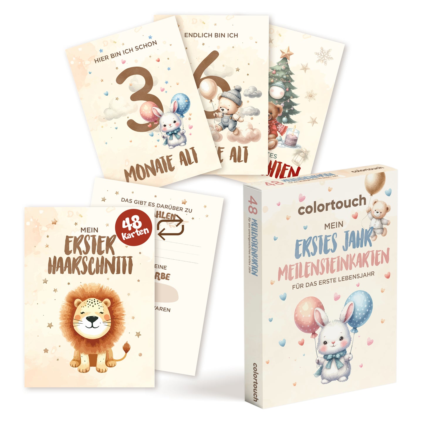 colortouch Meilensteinkarte Baby 48 Monatskarten für Jungen & Mädchen mit beschreibaren Rückseiten, Geschenk zur Geburt & Babyparty, Boho Meilensteine Erinnerungen festhalten, Von Pädagogen gestaltet