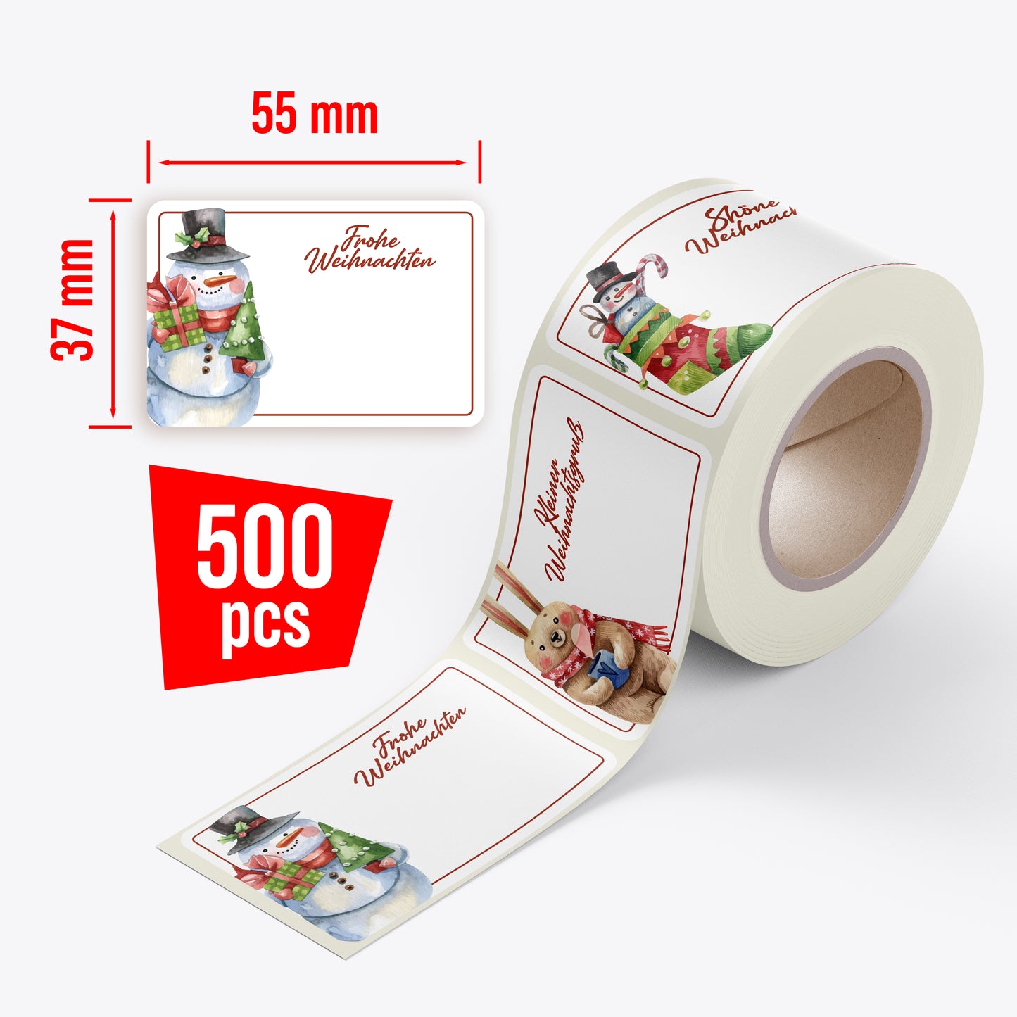 colortouch Aufkleber zum Beschriften Weihnachten, 250 St Beschriftbar Weihnachten Sticker, 37*55 mm Rechteckig Rolle Weihnachtsetiketten, Weihnachtsaufkleber für Weihnachtsdeko, Geschenktüten, Schnee