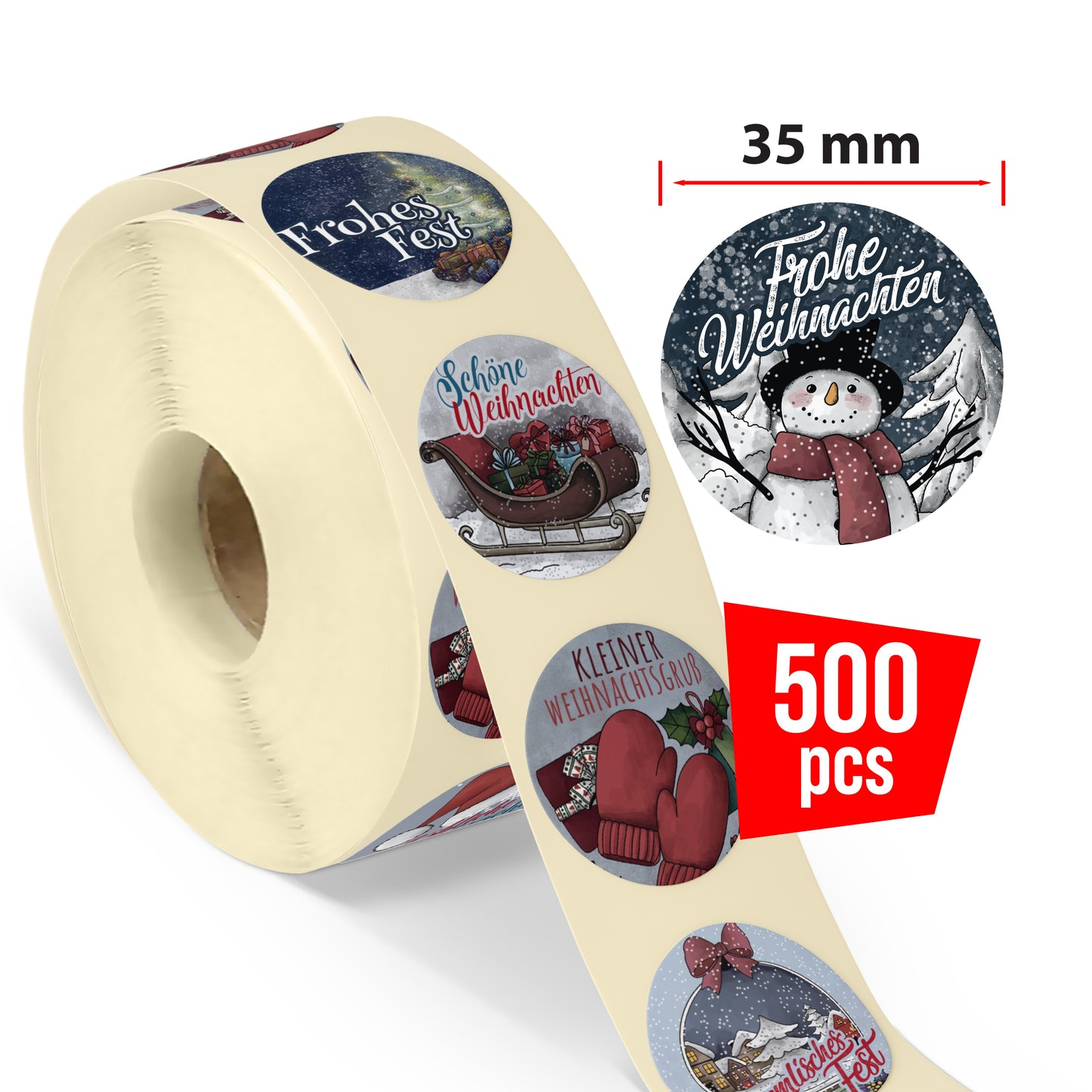 colortouch Aufkleber Weihnachten - 500 St Weihnachtsaufkleber, Frohe Weihnachten Sticker - 35mm Rund Rolle Vintage Selbstklebend Weihnachtsetiketten für Geschenke, Weihnachtsdeko, Verpackung