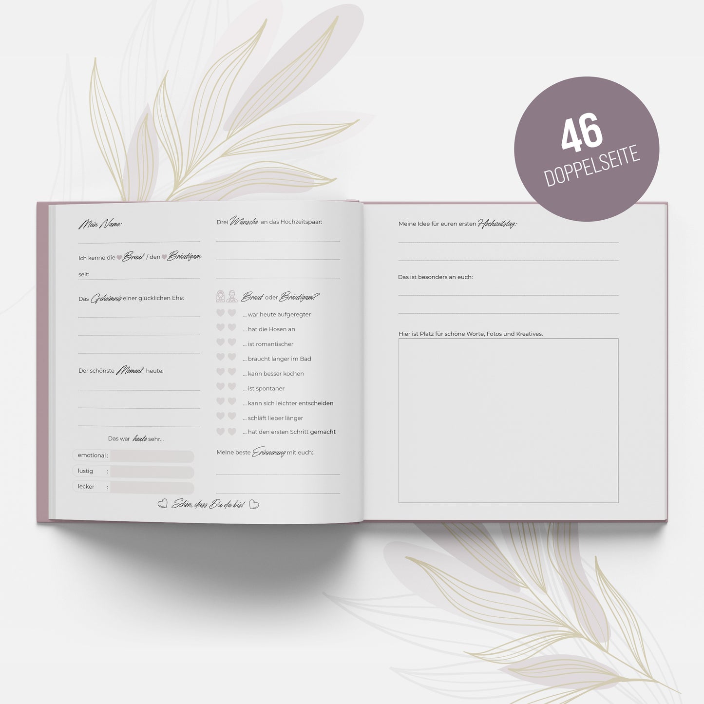 colortouch wedding guest book with questions 104 pages to fill out, wedding stickers, wedding game with 70 photo tasks, 50 wedding quizzes, 52 postcards 10 sheets of wedding stickers, 50 place cards