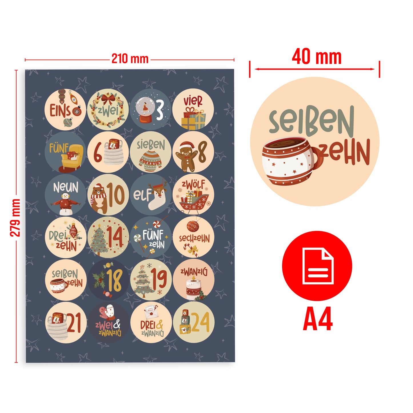 colortouch Adventskalender Aufkleber (Zahlen 1-24) Adventskalenderzahlen Etiketten Selbstklebend, Sticker für Kalender zum selber basteln für Weihnachten, Rund Zahlenaufkleber Nummern für Papiertüten