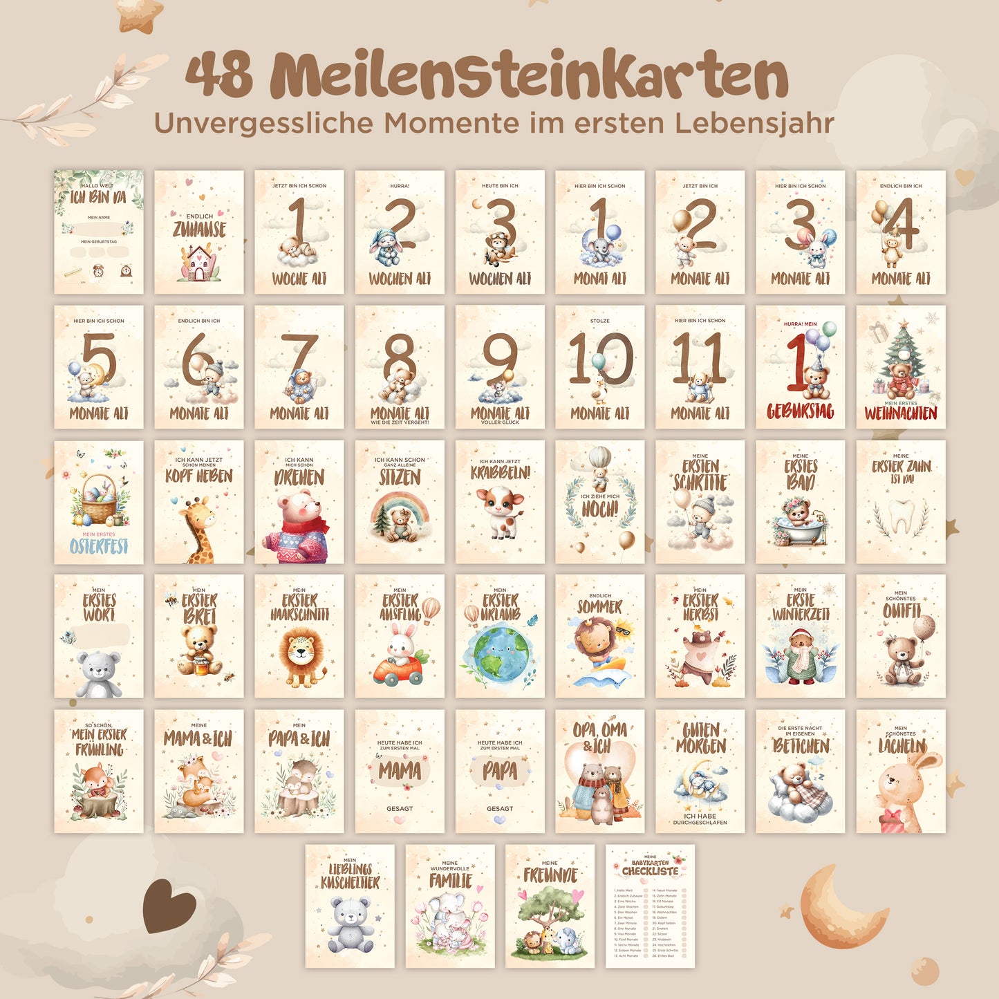 colortouch Meilensteinkarte Baby 48 Monatskarten für Jungen & Mädchen mit beschreibaren Rückseiten, Geschenk zur Geburt & Babyparty, Boho Meilensteine Erinnerungen festhalten, Von Pädagogen gestaltet
