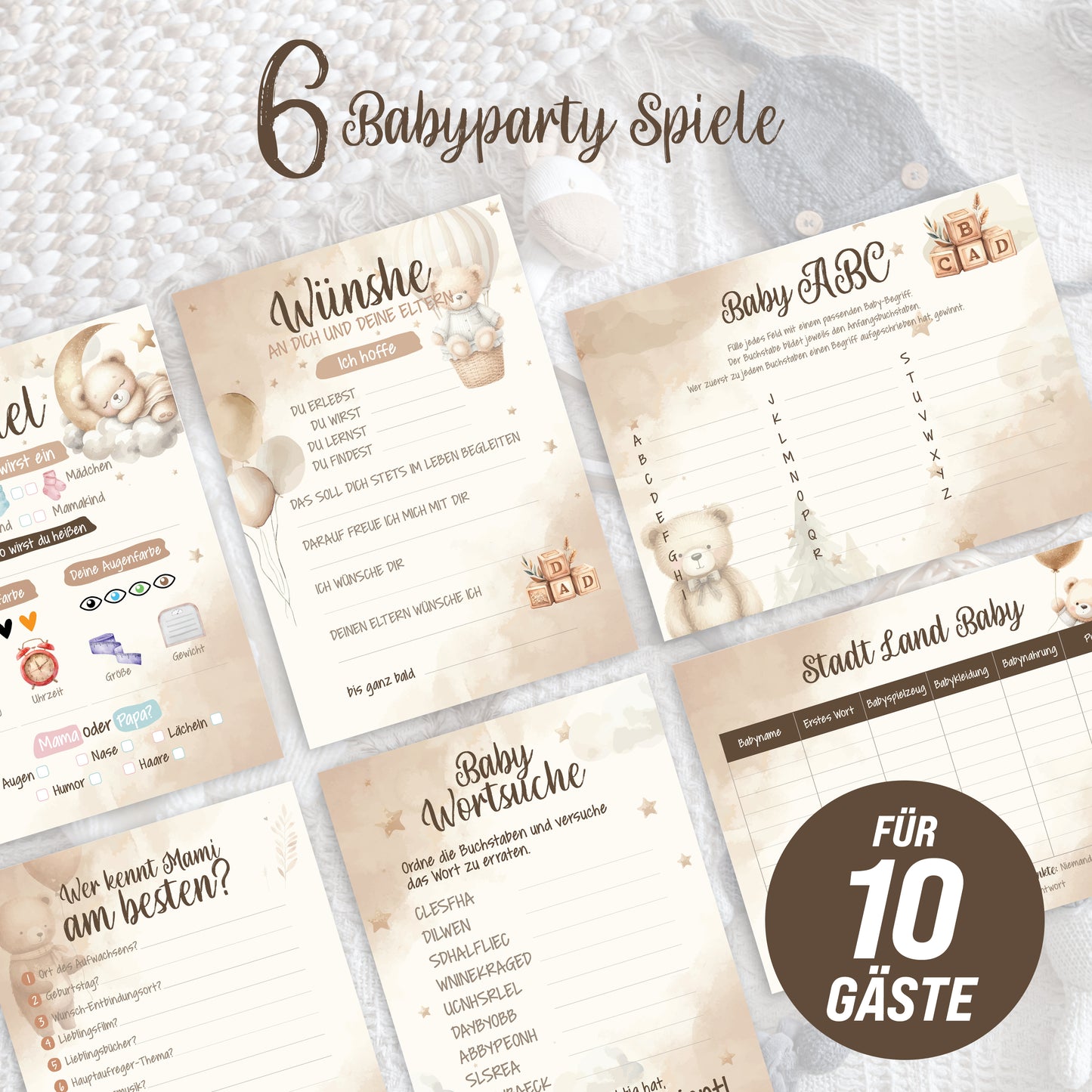 colortouch Babyshower Spiele 50 Karten, 6 witzige Ratespiel Set für Babyparty zum Ausfüllen (10 Stück), Partyspiele Babyshower für Mädchen und Junge, Babyparty Schwangerschaft Geschenk, DIN A5 Boho