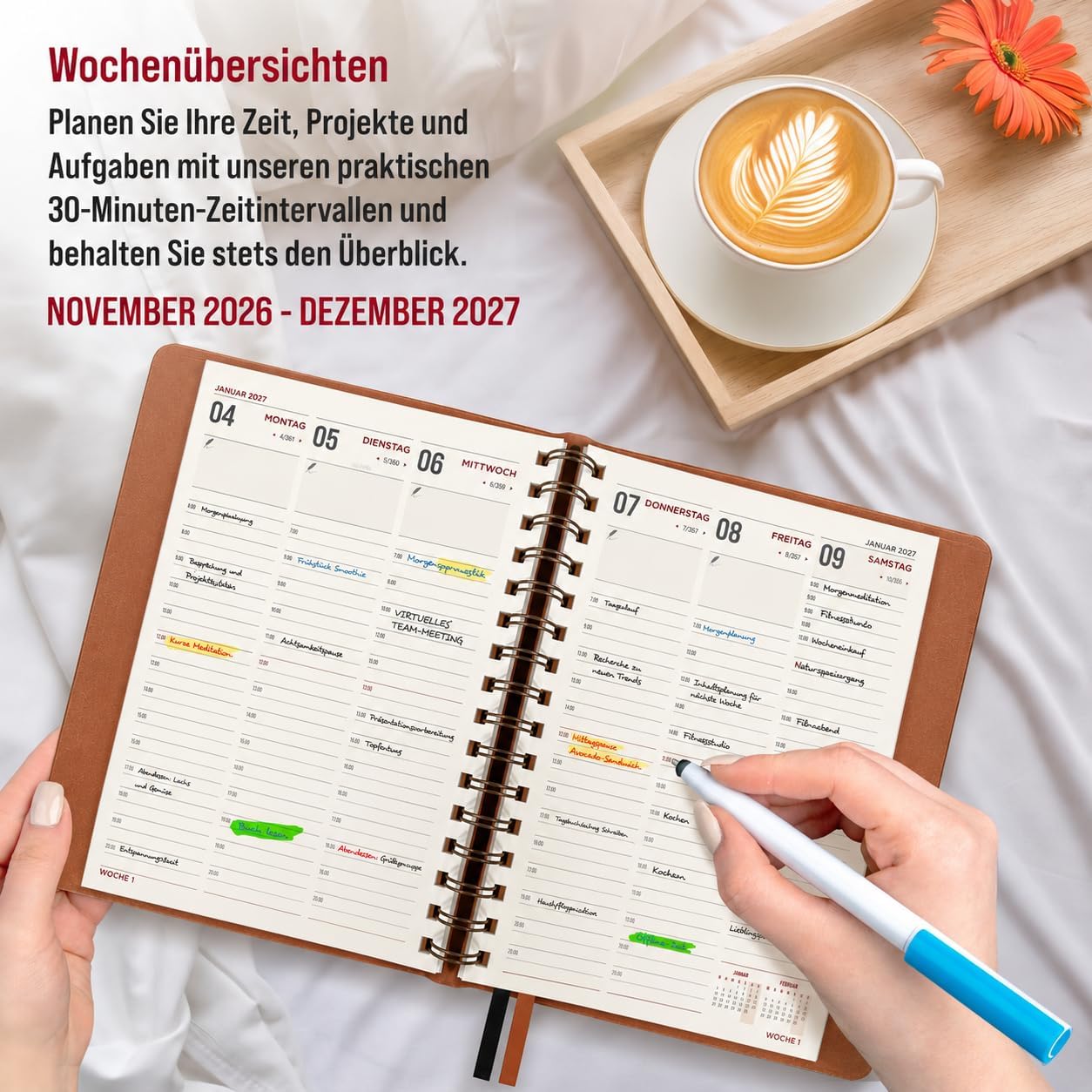 colortouch Terminplaner 2027, Kalender A5, Wochenplaner mit Softcover, Terminkalender Ringbuch, 30 Minuten-Intervalle Planer mit 2 Blatt Aukfleber auf Deutsch, Buchkalender 14 Monate (Nov 26-Dez 27)