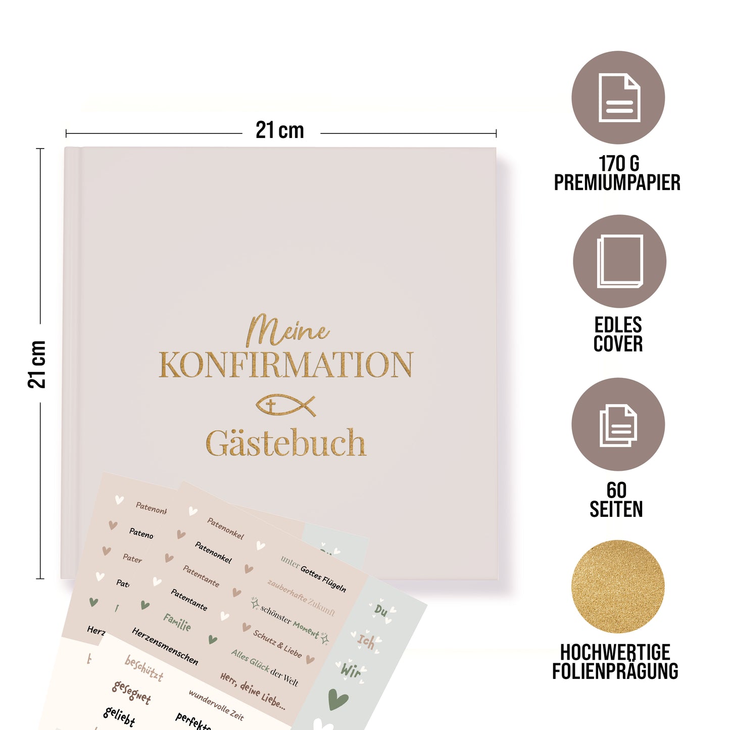 colortouch Gästebuch Konfirmation mit Aufkleber für Mädchen Junge, Erinnnerungsbuch Geschenk zur Konfirmation, 60 Kreative Seiten zum Selbstgestalten, Hardcover mit Goldfolienprägung, Boho Style