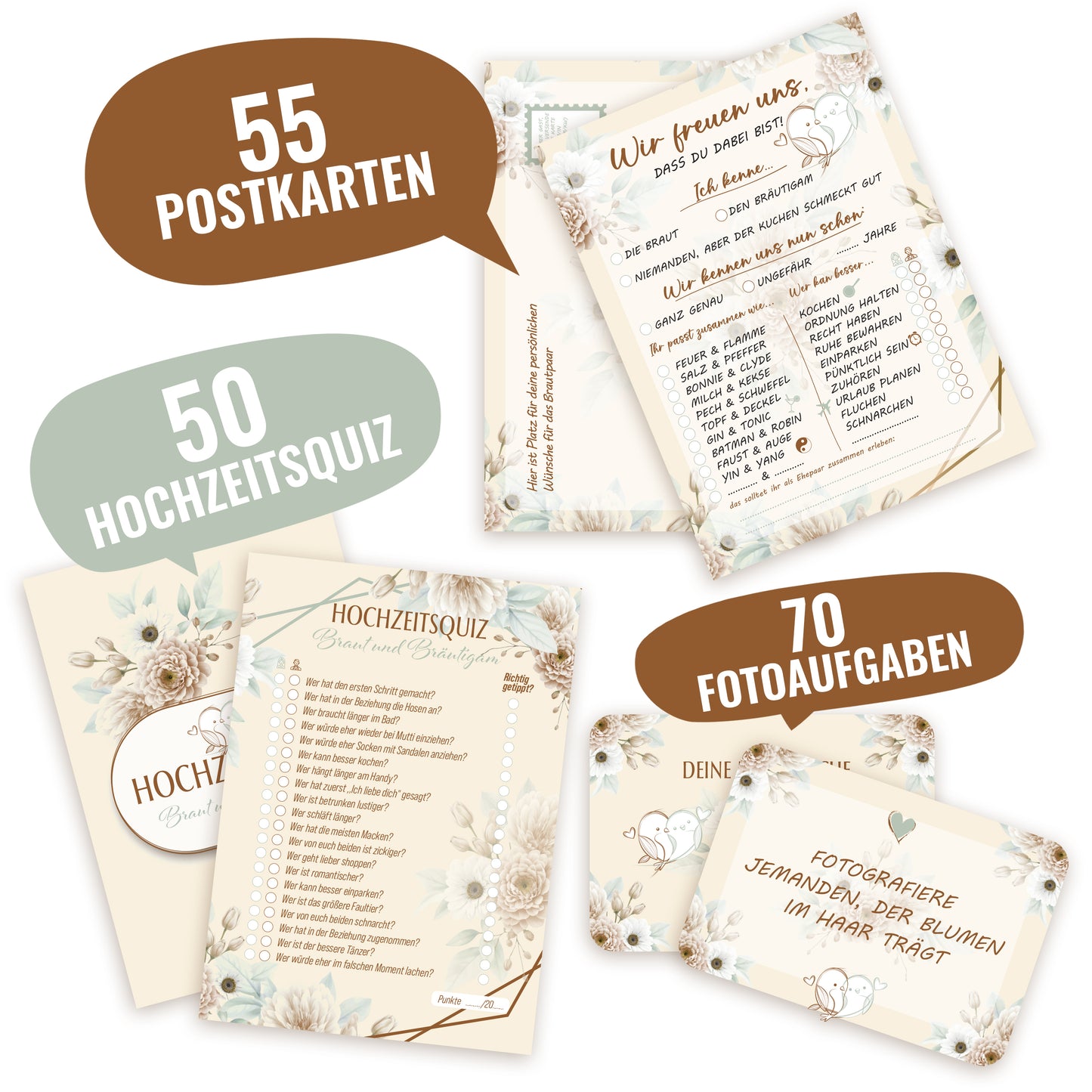 Gästebuch Hochzeit 100 Blanko Seiten, 70 Foto Aufgaben, 50 Hochzeitsquiz, 52 Postkarten, 325 Motiv Hochzeitsaufkleber, 50 Tischkarten