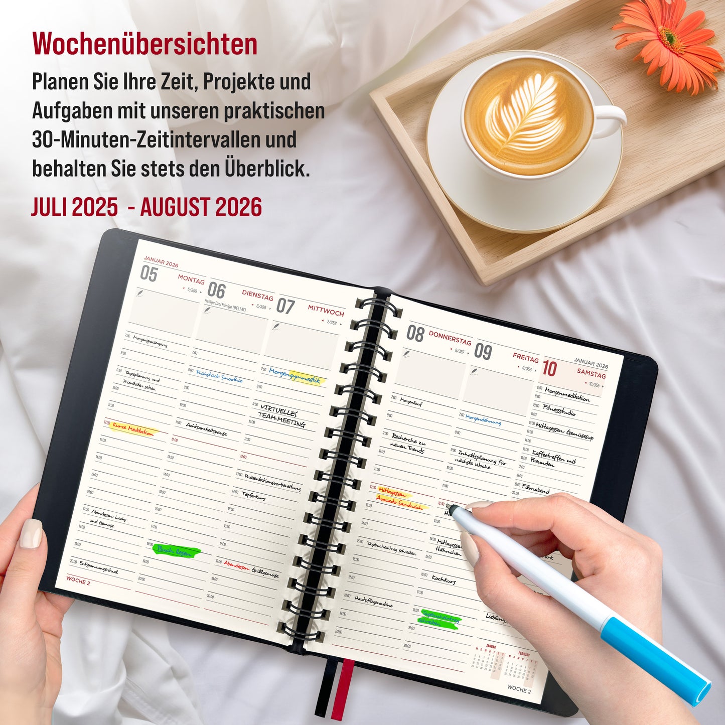 colortouch Taschenkalender 2025 2026 mit 1000 St Sticker Set für Planer, Aufkleber Journal für A5 Monatsplaner, 30 Minuten-Intervalle Wochenplaner mit Softcover, 14 Monate Kalender (Juli 25-Aug 26)