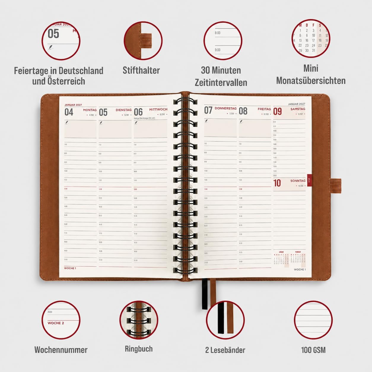 colortouch Terminplaner 2027, Kalender A5, Wochenplaner mit Softcover, Terminkalender Ringbuch, 30 Minuten-Intervalle Planer mit 2 Blatt Aukfleber auf Deutsch, Buchkalender 14 Monate (Nov 26-Dez 27)