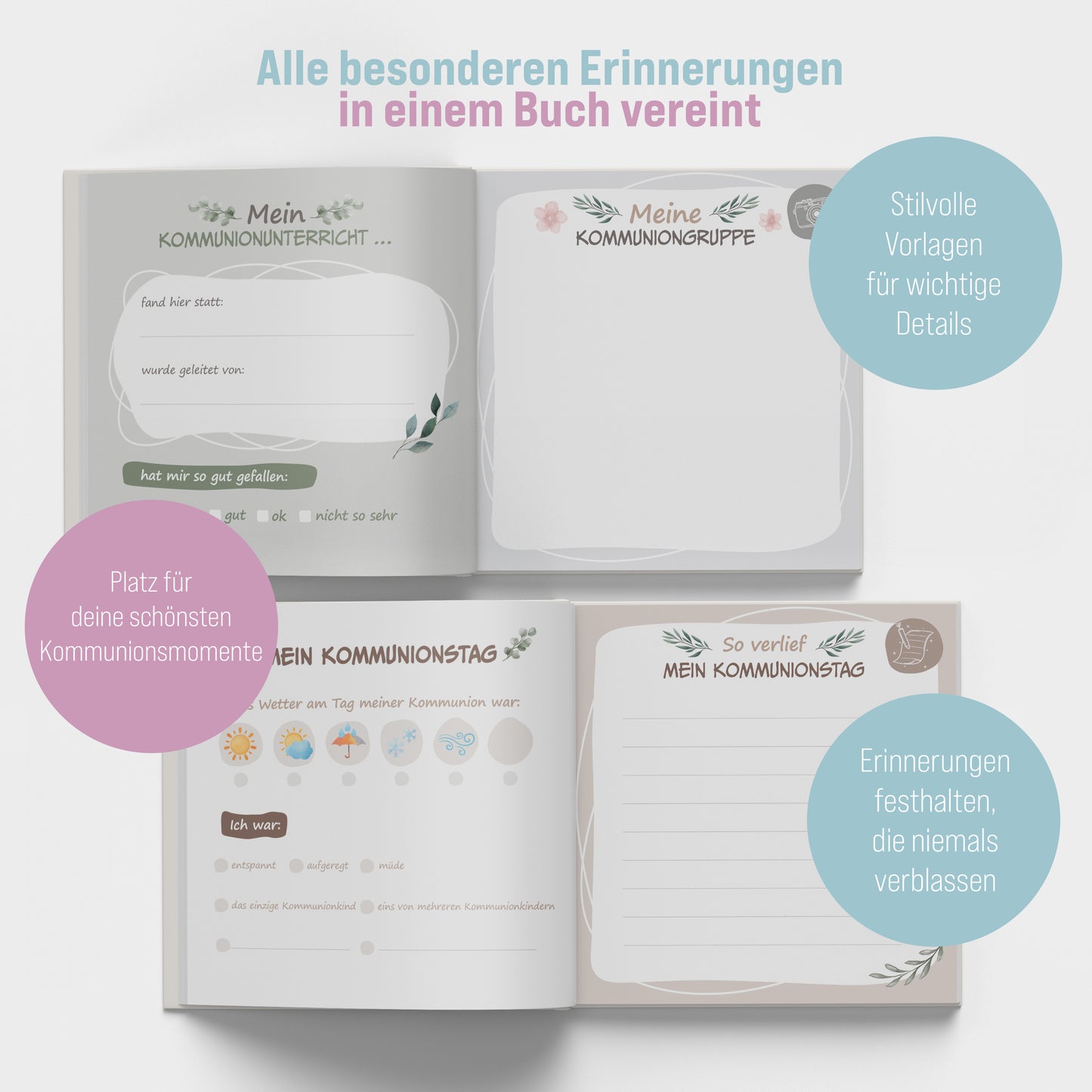 colortouch Gästebuch Kommunion Erinnerungsalbum mit Sticker, 60 Seiten Kommunionsbuch mit verschiedenen Themen zum Ausfüllen, Kommunionsgeschenk besonderer Momente, Fotoalbum zum Selbstgestalten
