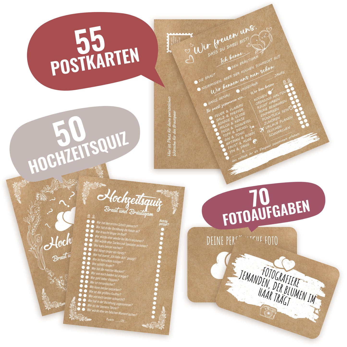 Gästebuch Hochzeit mit Fragen 104 Seitenzum Ausfüllen, 70 Fotoaufgaben, 50 Hochzeitsquiz, 52 Postkarten, 325 Hochzeitssticker, 50 Tischkarten