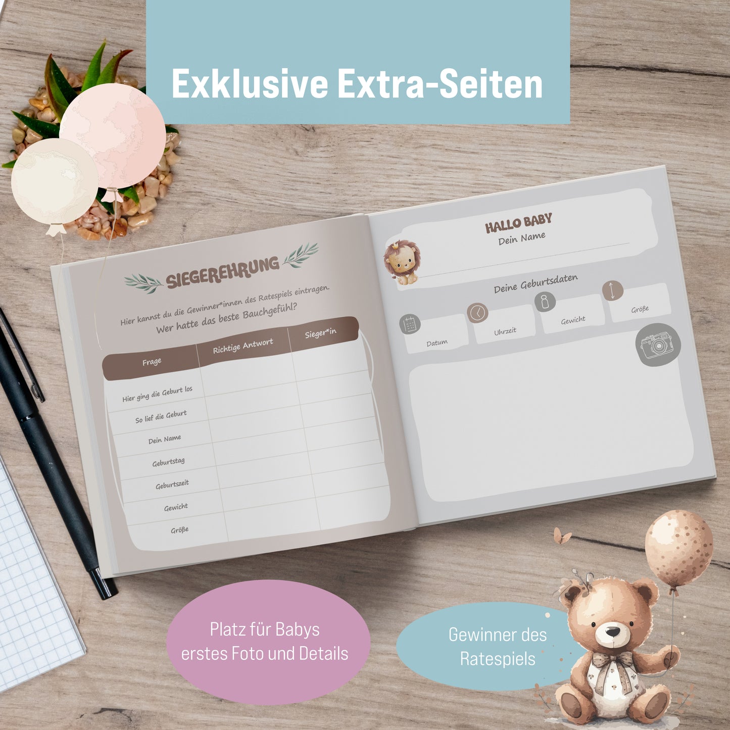 colortouch Gästebuch Babyparty, 78 Seiten Baby Fotoalbum zum Selbstgestalten, Baby Shower & Gender Reveal Deko, Baby Geschenk mit Kreative Fragen zur Geburt für Mädchen und Junge