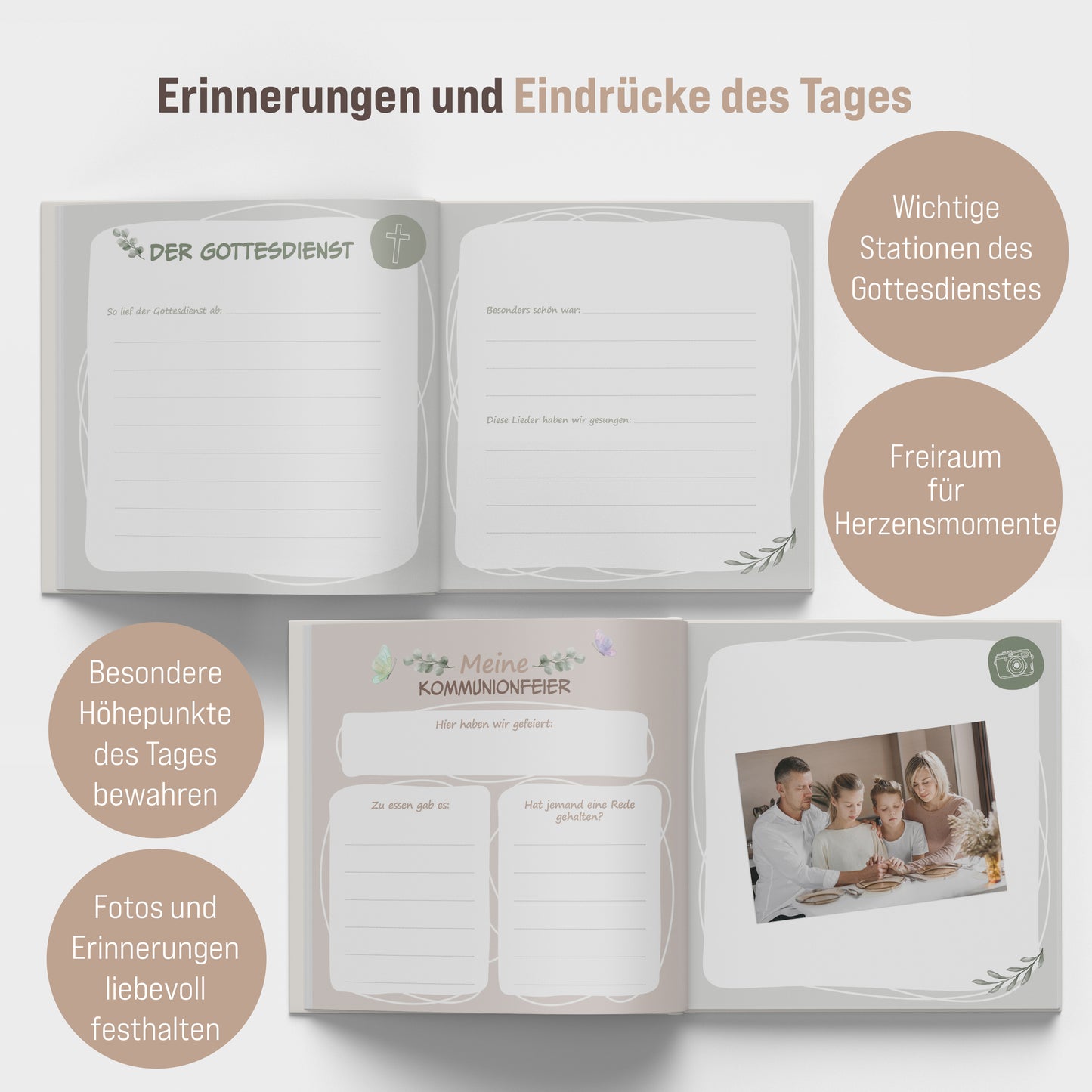 colortouch Gästebuch Kommunion Erinnerungsalbum mit Sticker, 60 Seiten Kommunionsbuch mit verschiedenen Themen zum Ausfüllen, Kommunionsgeschenk besonderer Momente, Fotoalbum zum Selbstgestalten