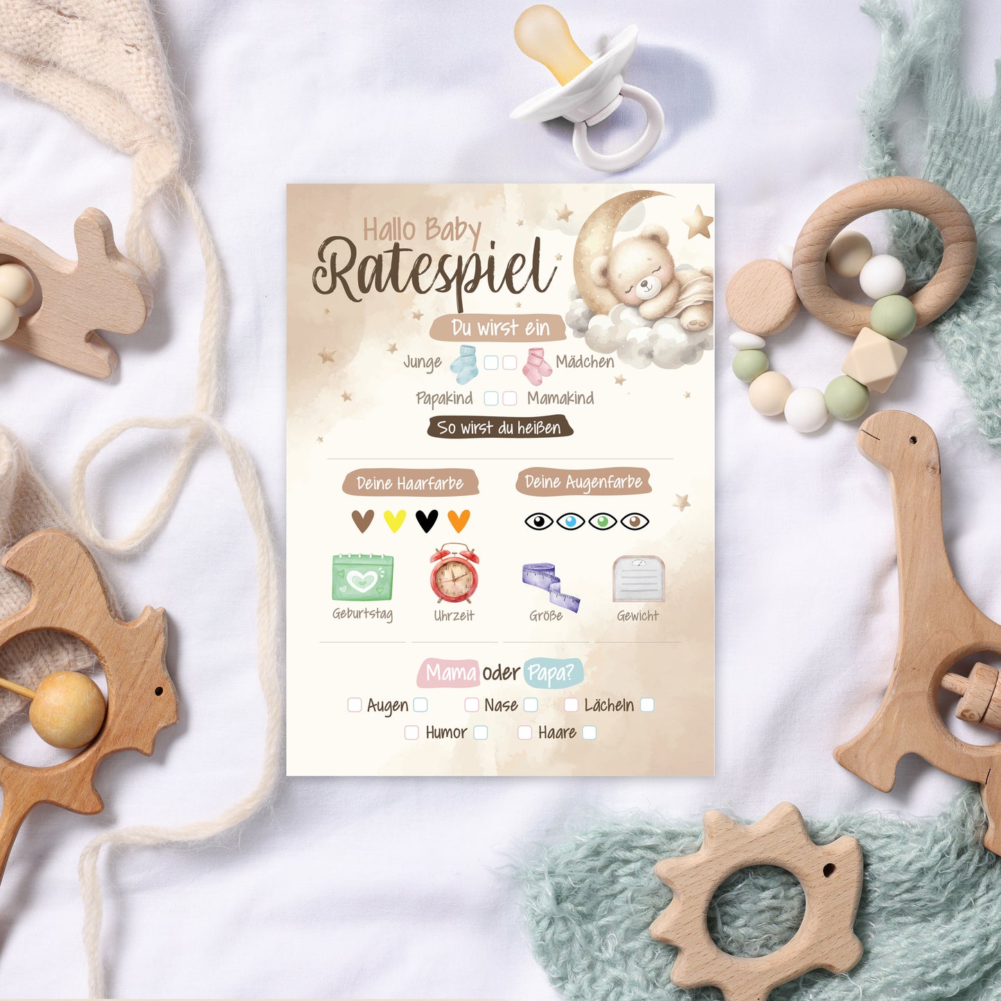 colortouch Babyshower Spiele 50 Karten, 6 witzige Ratespiel Set für Babyparty zum Ausfüllen (10 Stück), Partyspiele Babyshower für Mädchen und Junge, Babyparty Schwangerschaft Geschenk, DIN A5 Boho