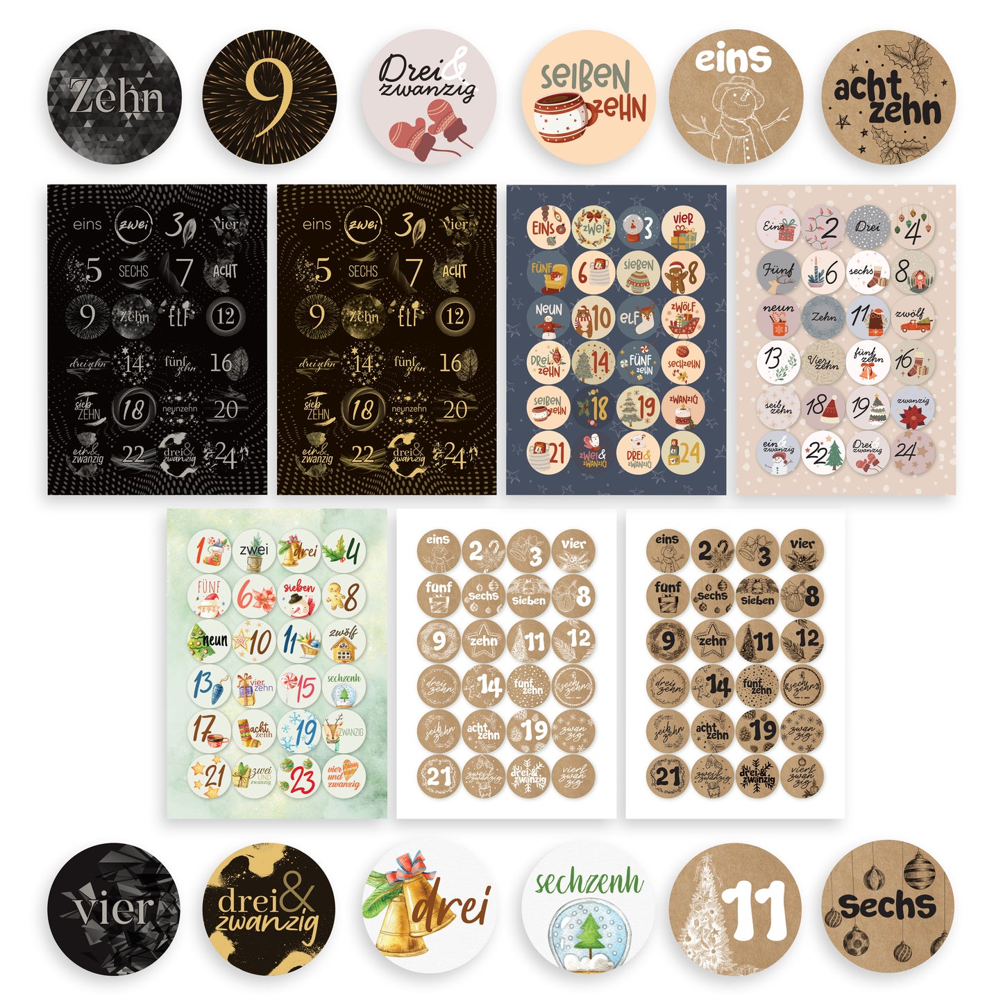 colortouch Adventskalender Aufkleber (Zahlen 1-24) Adventskalenderzahlen Etiketten Selbstklebend, Sticker für Kalender zum selber basteln für Weihnachten, Rund Zahlenaufkleber Nummern für Papiertüten