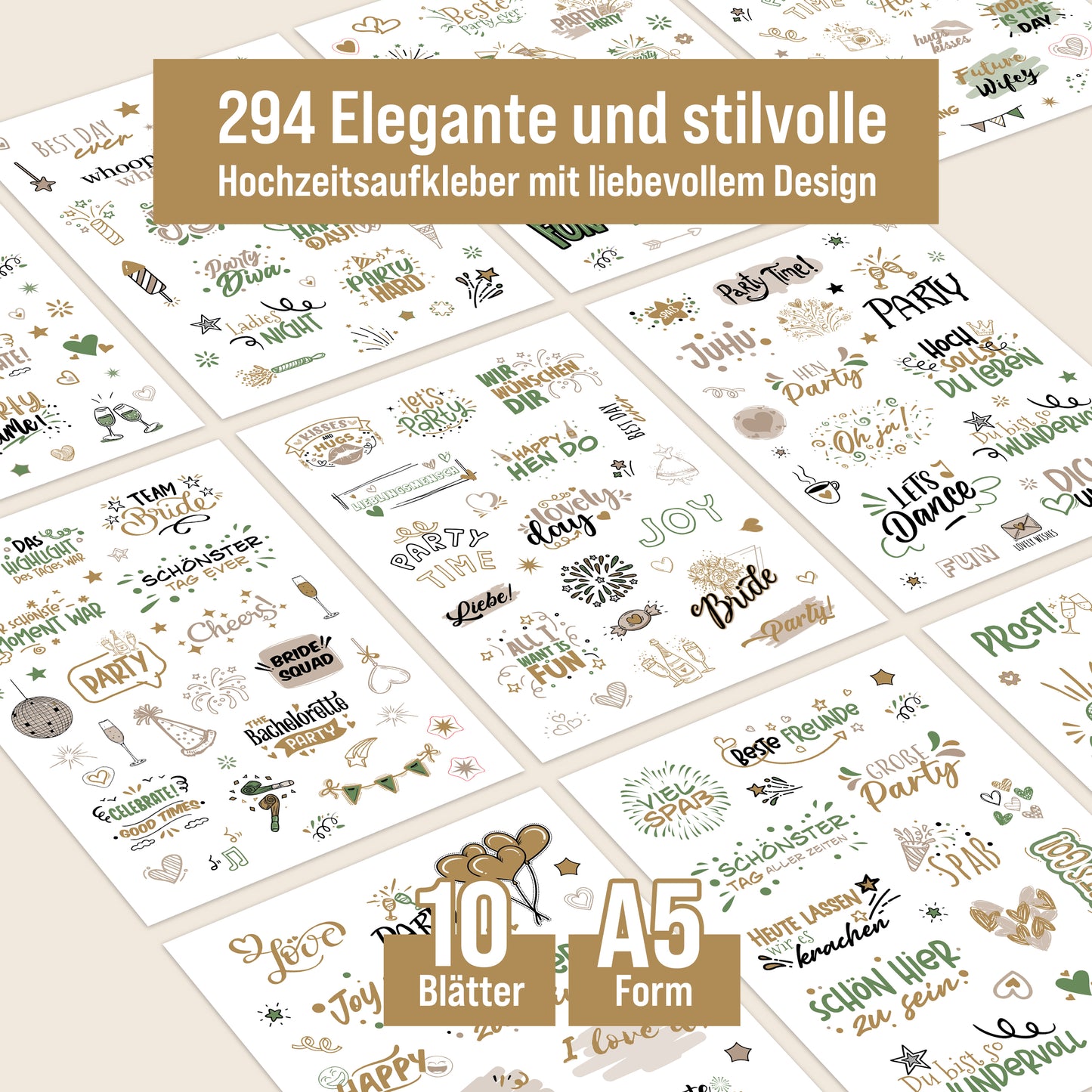 colortouch Sticker JGA (294 Motive), 10 Blatt Aufkleber für Junggesellinnenabschied Gästebuch, Party Hochzeitsdekoration Fotoalbum Scrapbooking Erinnerungsbuch Brautgeschenk zur Hochzeit