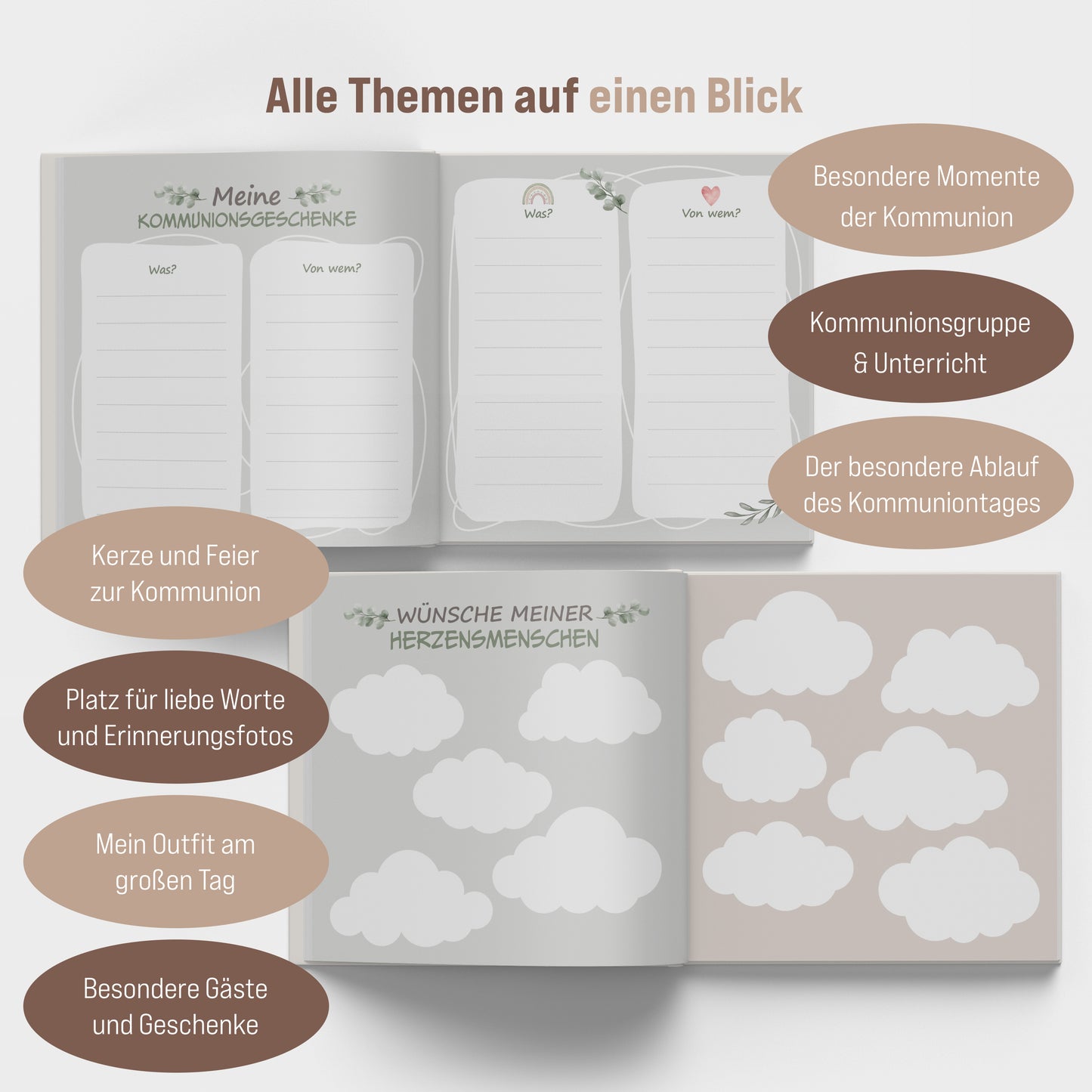 colortouch Gästebuch Kommunion Erinnerungsalbum mit Sticker, 60 Seiten Kommunionsbuch mit verschiedenen Themen zum Ausfüllen, Kommunionsgeschenk besonderer Momente, Fotoalbum zum Selbstgestalten
