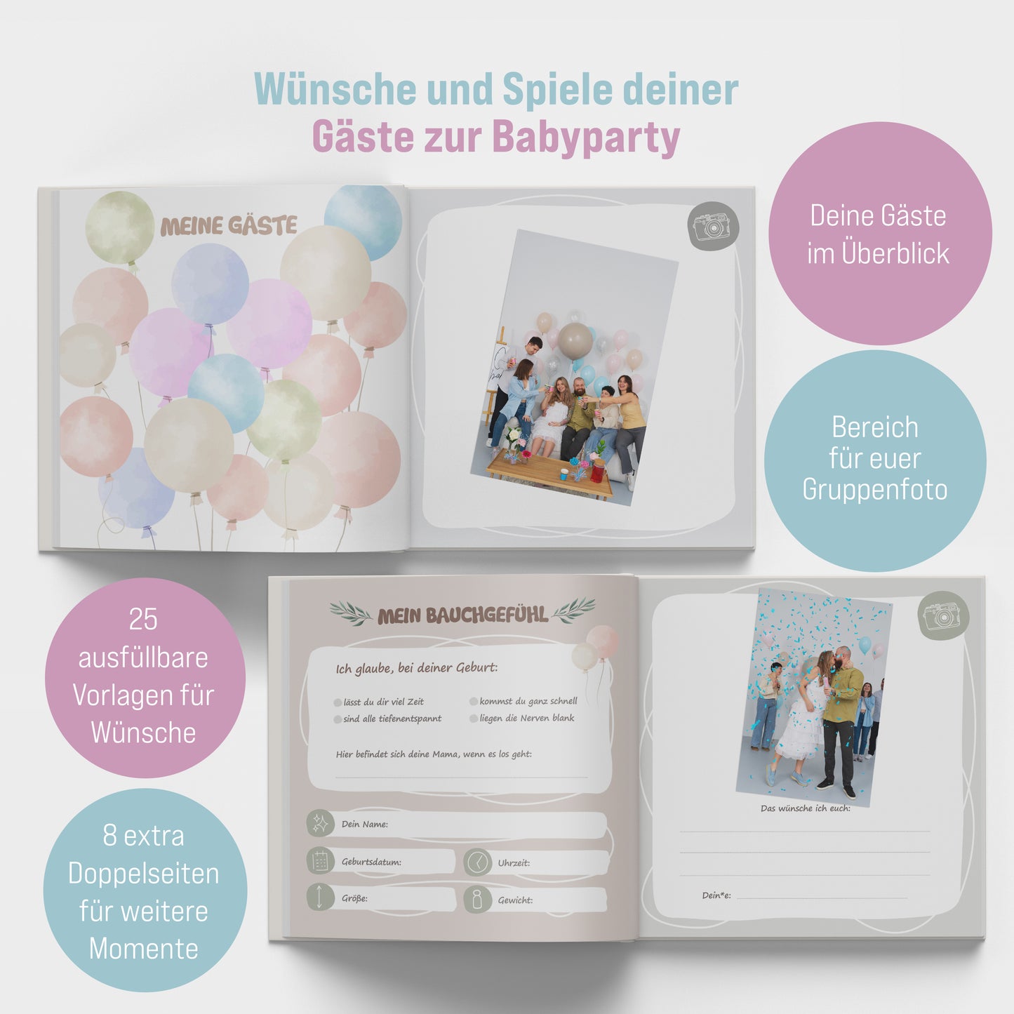 colortouch Gästebuch Babyparty, 78 Seiten Baby Fotoalbum zum Selbstgestalten, Baby Shower & Gender Reveal Deko, Baby Geschenk mit Kreative Fragen zur Geburt für Mädchen und Junge