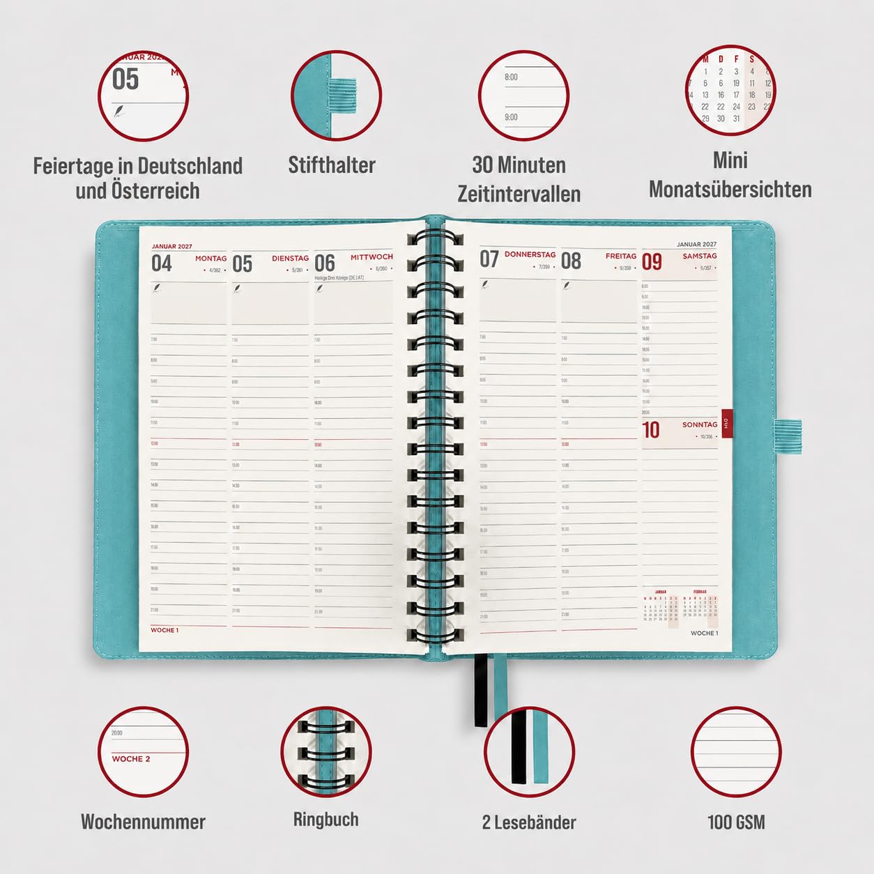 colortouch Terminplaner 2027, Kalender A5, Wochenplaner mit Softcover, Terminkalender Ringbuch, 30 Minuten-Intervalle Planer mit 2 Blatt Aukfleber auf Deutsch, Buchkalender 14 Monate (Nov 26-Dez 27)