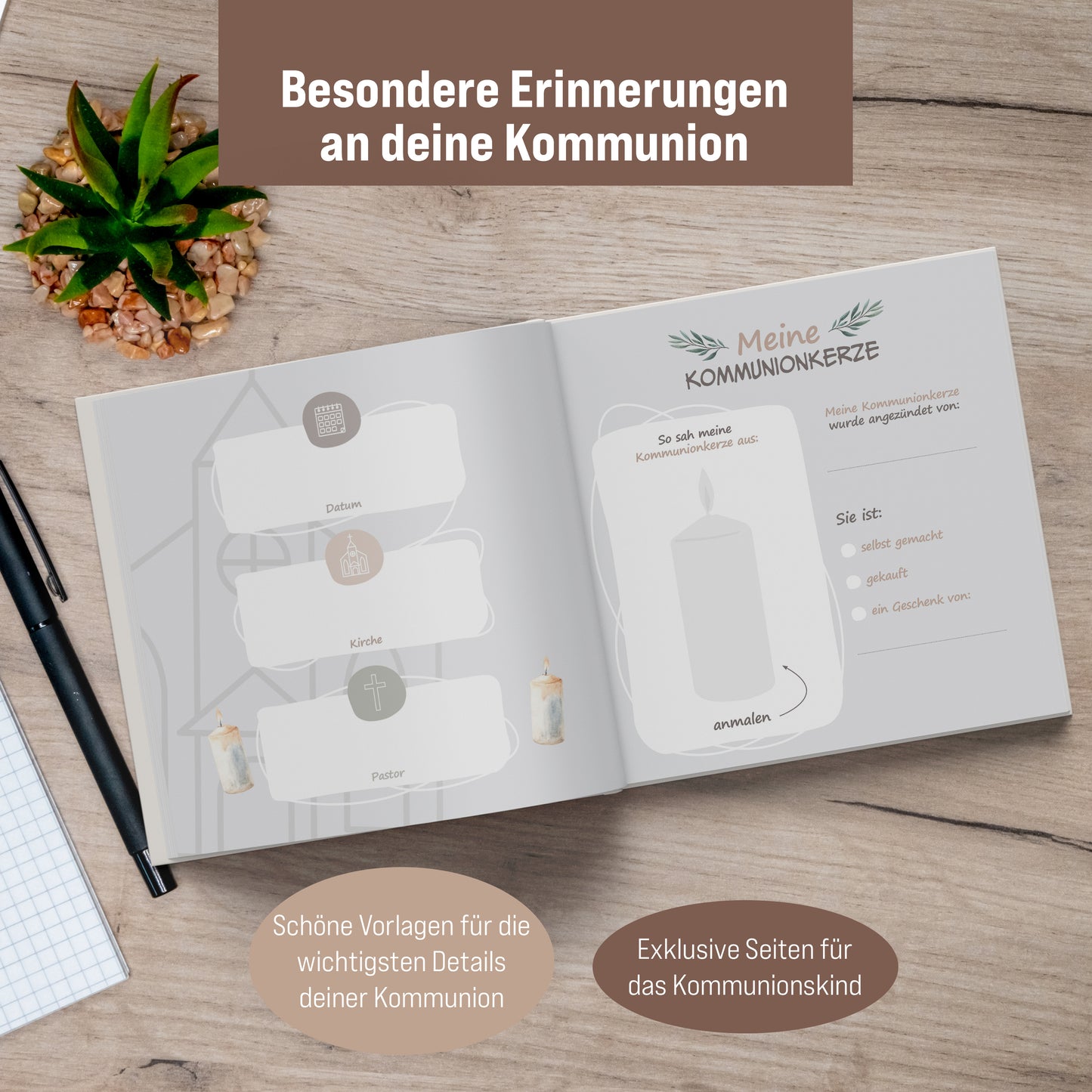 colortouch Gästebuch Kommunion Erinnerungsalbum mit Sticker, 60 Seiten Kommunionsbuch mit verschiedenen Themen zum Ausfüllen, Kommunionsgeschenk besonderer Momente, Fotoalbum zum Selbstgestalten