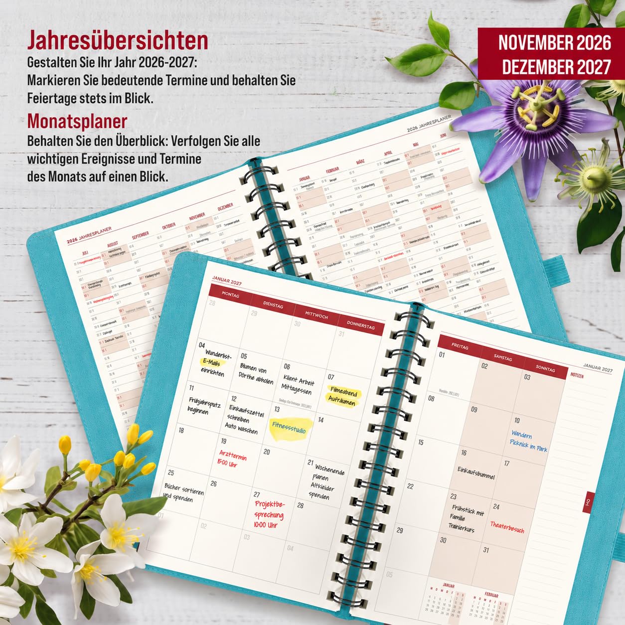 colortouch Terminplaner 2027, Kalender A5, Wochenplaner mit Softcover, Terminkalender Ringbuch, 30 Minuten-Intervalle Planer mit 2 Blatt Aukfleber auf Deutsch, Buchkalender 14 Monate (Nov 26-Dez 27)