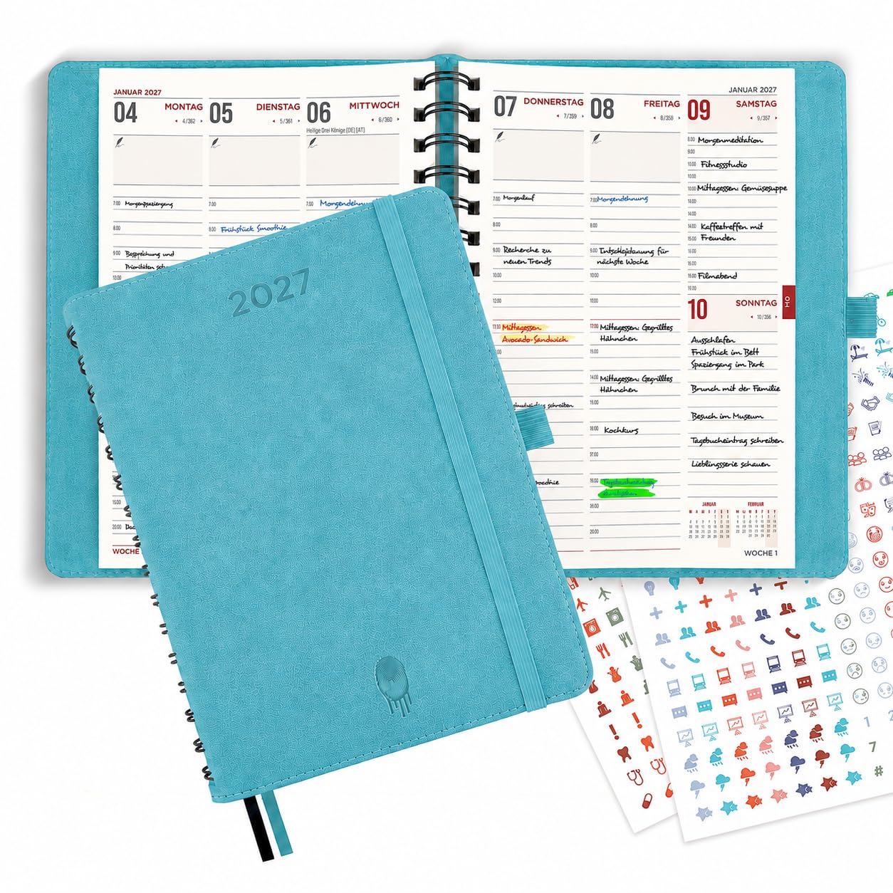 colortouch Terminplaner 2027, Kalender A5, Wochenplaner mit Softcover, Terminkalender Ringbuch, 30 Minuten-Intervalle Planer mit 2 Blatt Aukfleber auf Deutsch, Buchkalender 14 Monate (Nov 26-Dez 27)