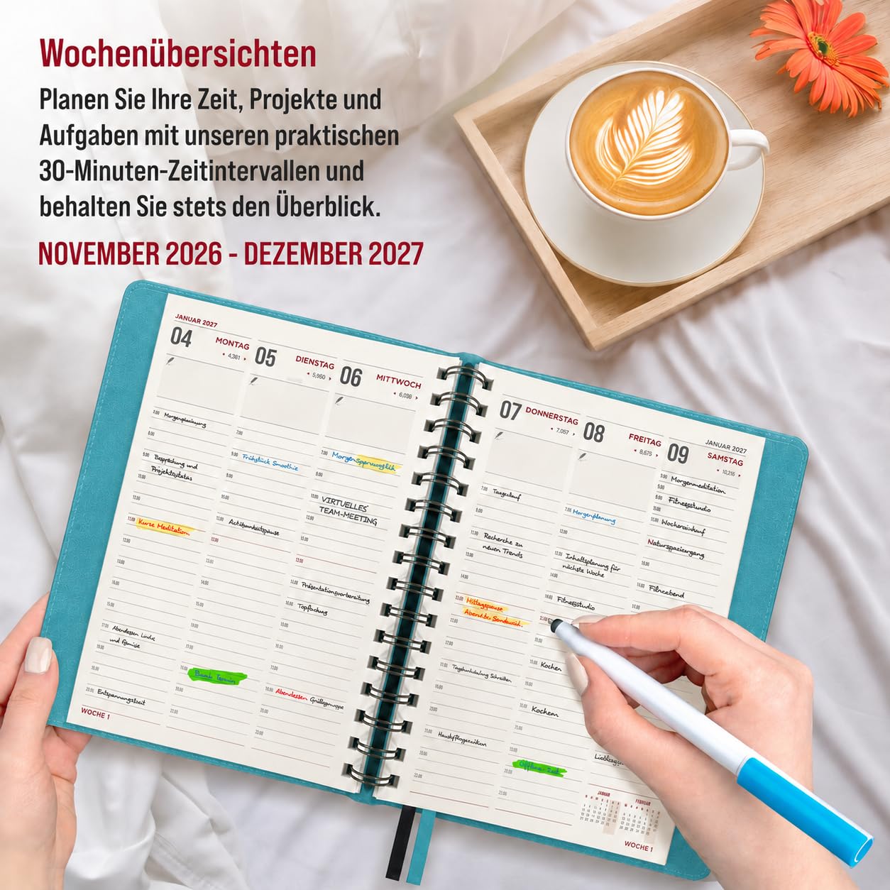 colortouch Terminplaner 2027, Kalender A5, Wochenplaner mit Softcover, Terminkalender Ringbuch, 30 Minuten-Intervalle Planer mit 2 Blatt Aukfleber auf Deutsch, Buchkalender 14 Monate (Nov 26-Dez 27)