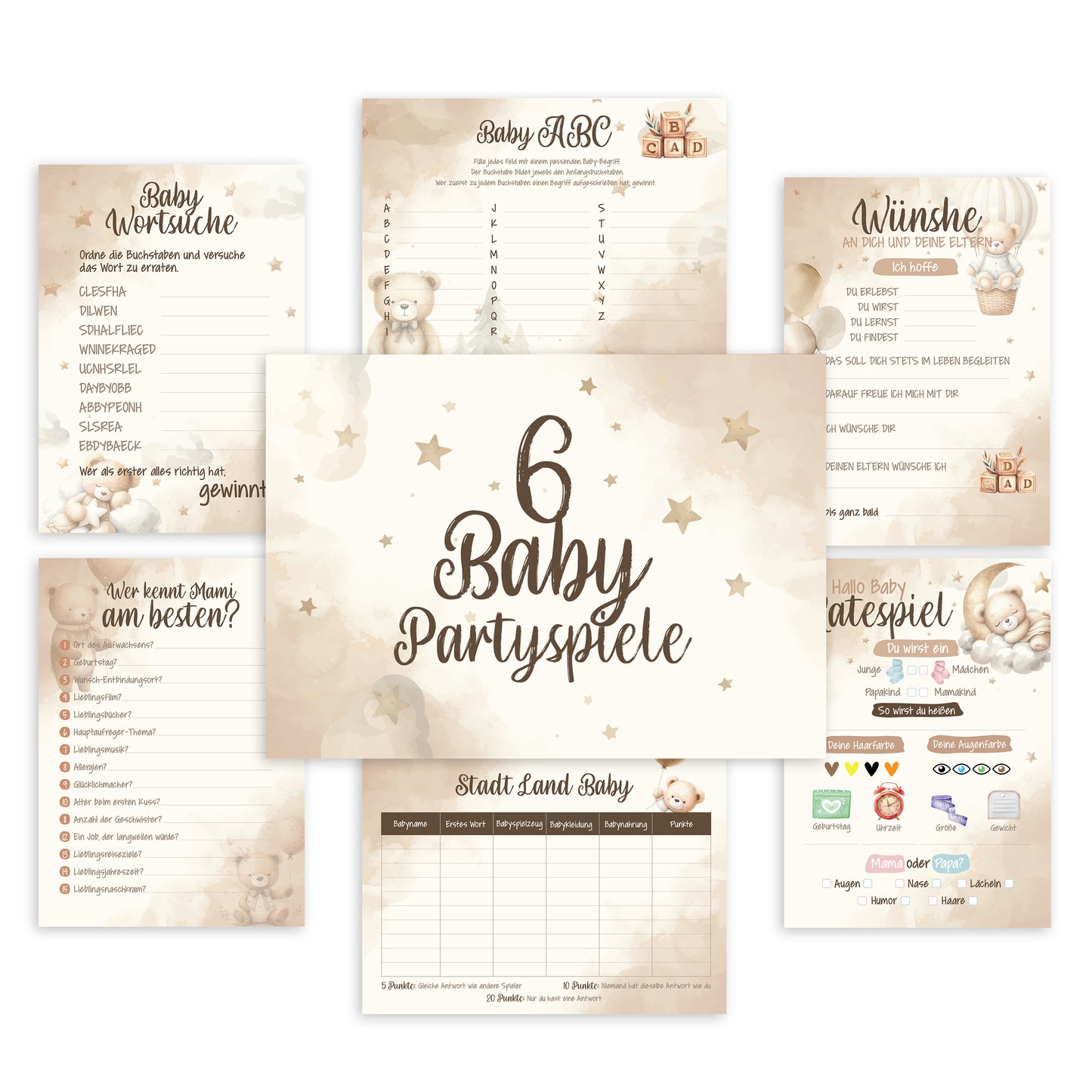colortouch Gästebuch Babyparty mit Babyshower Spiele 50 Karten, 6 witzige Ratespiel Set für Babyparty zum Ausfüllen, Baby Shower Partyspiele Geschenk Junge & Mädchen, Fotoalbum zum selbstgestalten