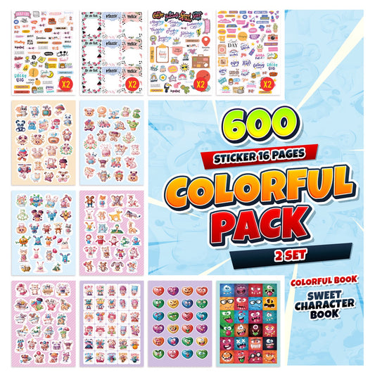 colortouch Colorful Pack Sticker Set, 600 Stück Aufkleber, Sticker Fotoalbum, Scrapbook Zubehör, Stickeralbum für Kinder, Mädchen, Erwachsene, Bullet Journal Sticker für vintage, travel